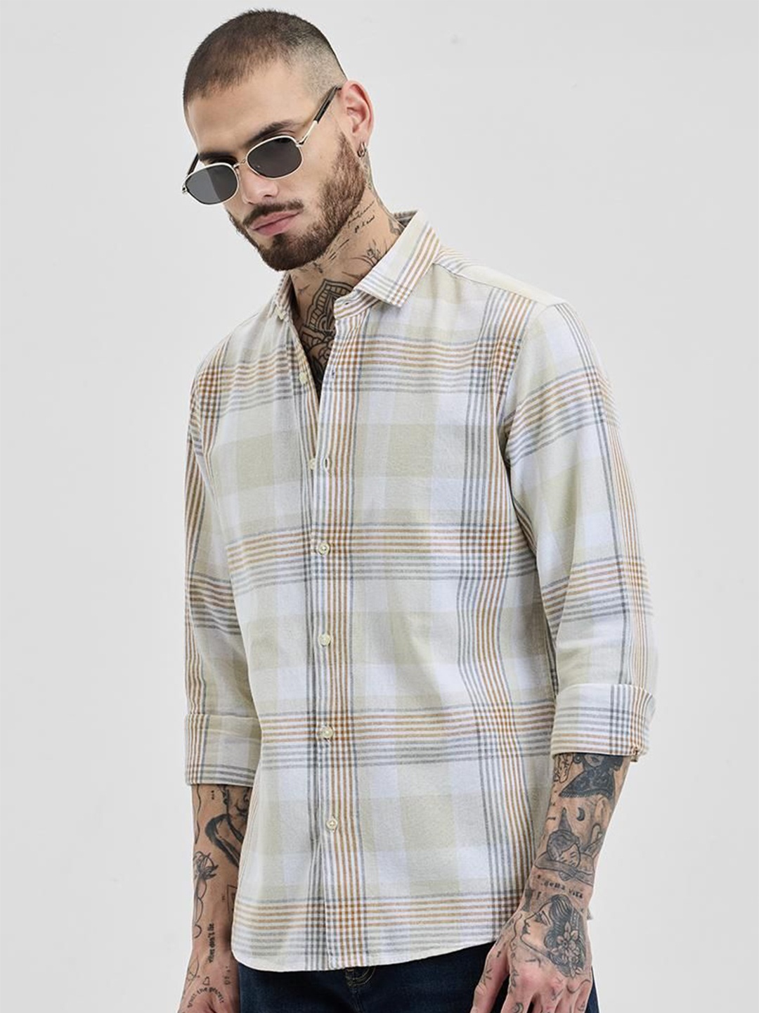 

Snitch Men Smart Slim Fit Opaque Checked Casual Shirt, Beige