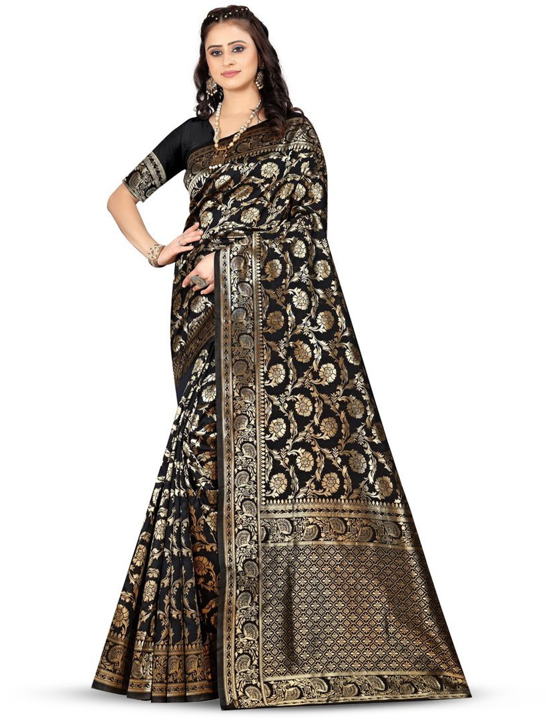 

KALINI Woven Design Zari Silk Blend Kanjeevaram Saree, Black