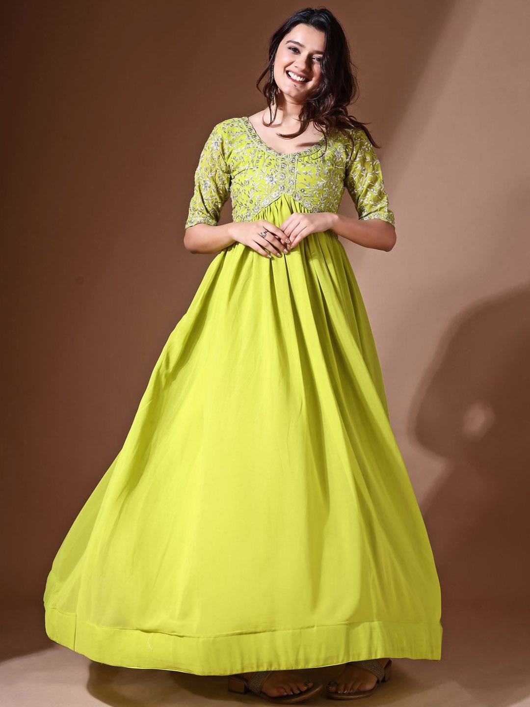 

Ethnic Yard Women Floral Embroidered Fit & Flare Maxi Ethnic Dress, Green