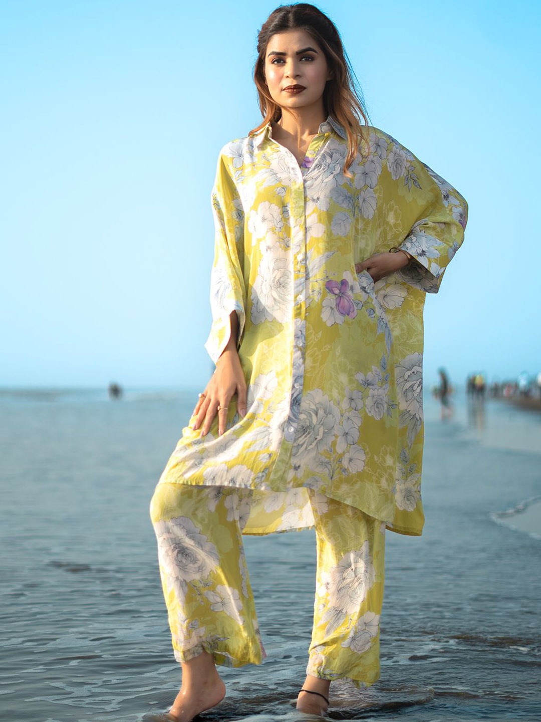 

EARTH O FAB Printed Top With Trouser Co-Ords, Yellow