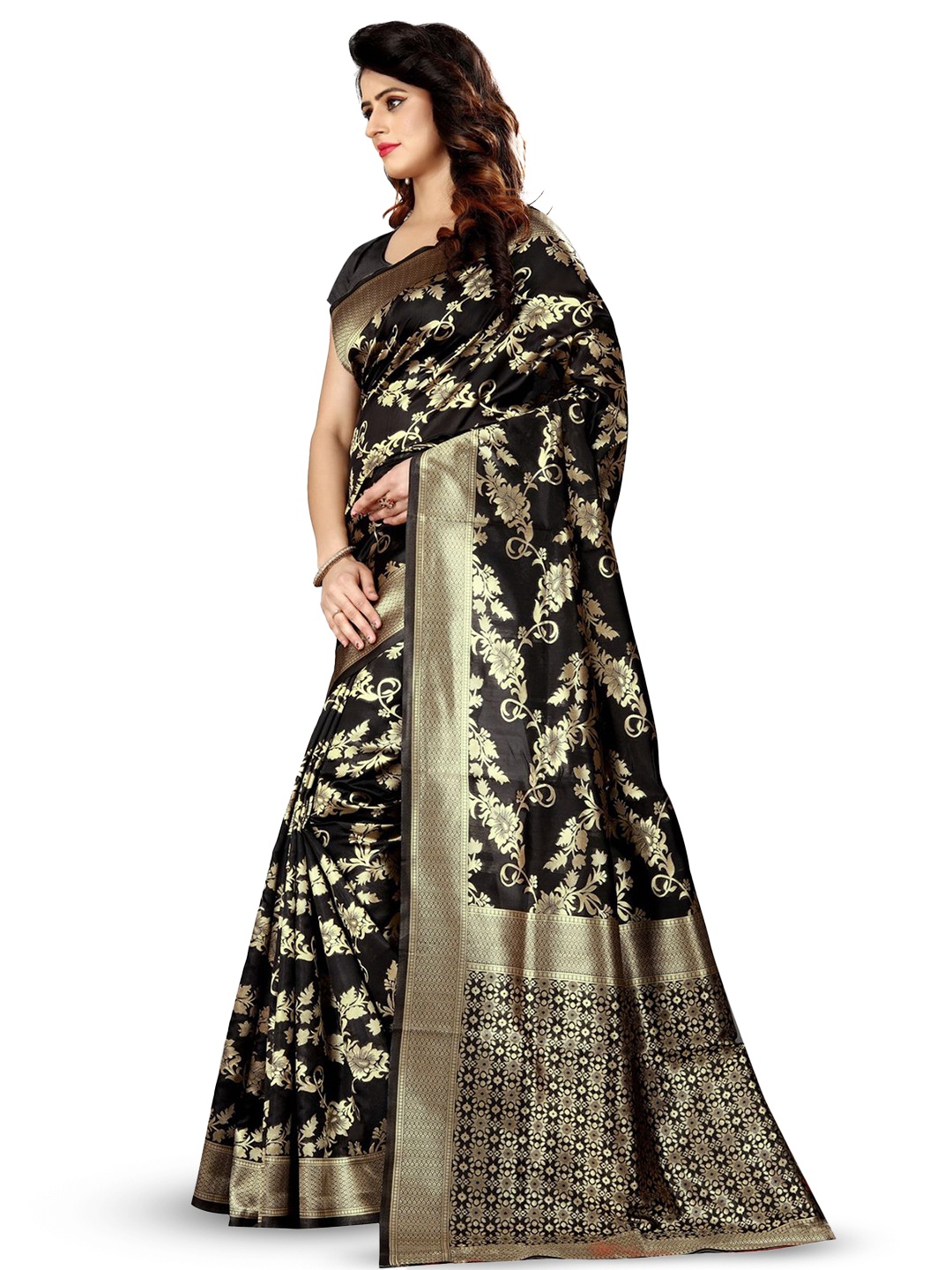 

KALINI Woven Design Zari Silk Blend Kanjeevaram Saree, Black