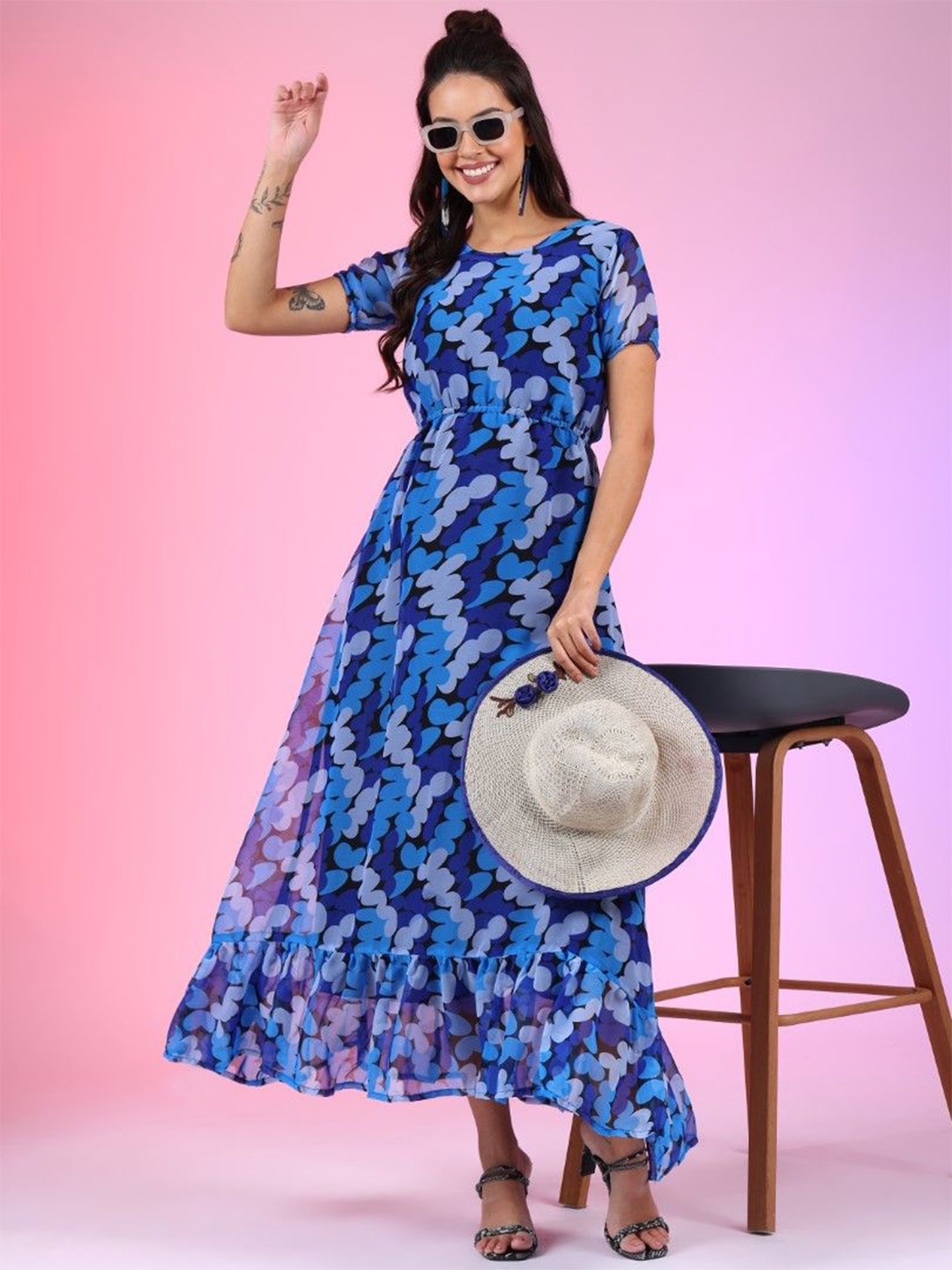 

Femvy Print Georgette Fit & Flare Maxi Dress, Turquoise blue