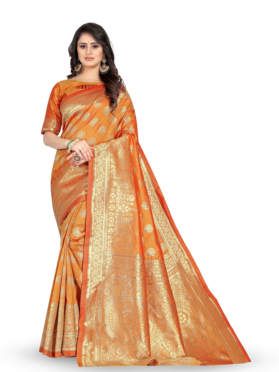 

KALINI Woven Design Zari Silk Blend Kanjeevaram Saree, Mustard