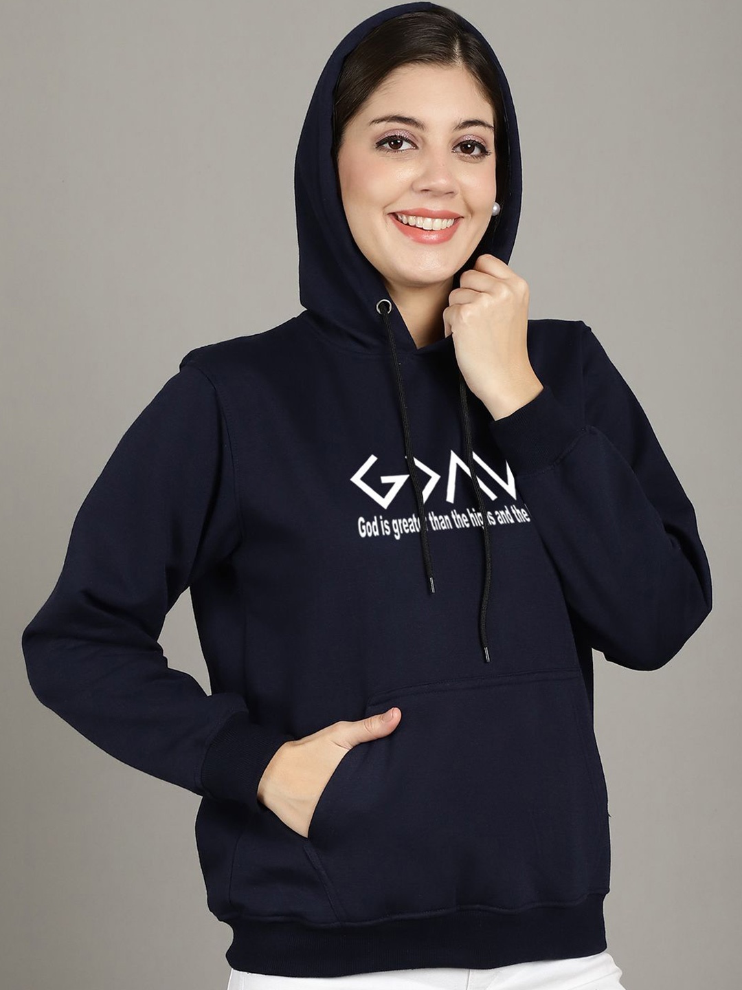 

Jinfo Women Printed Hooded Sweatshirt, Navy blue