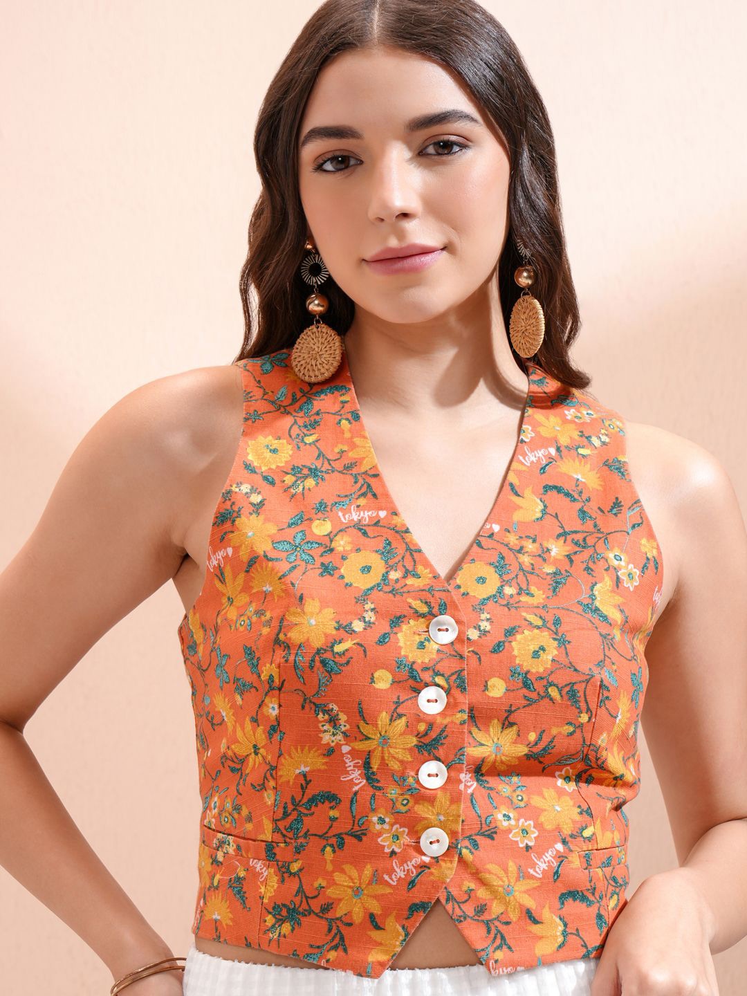 

Tokyo Talkies Floral Print Cotton Top, Rust