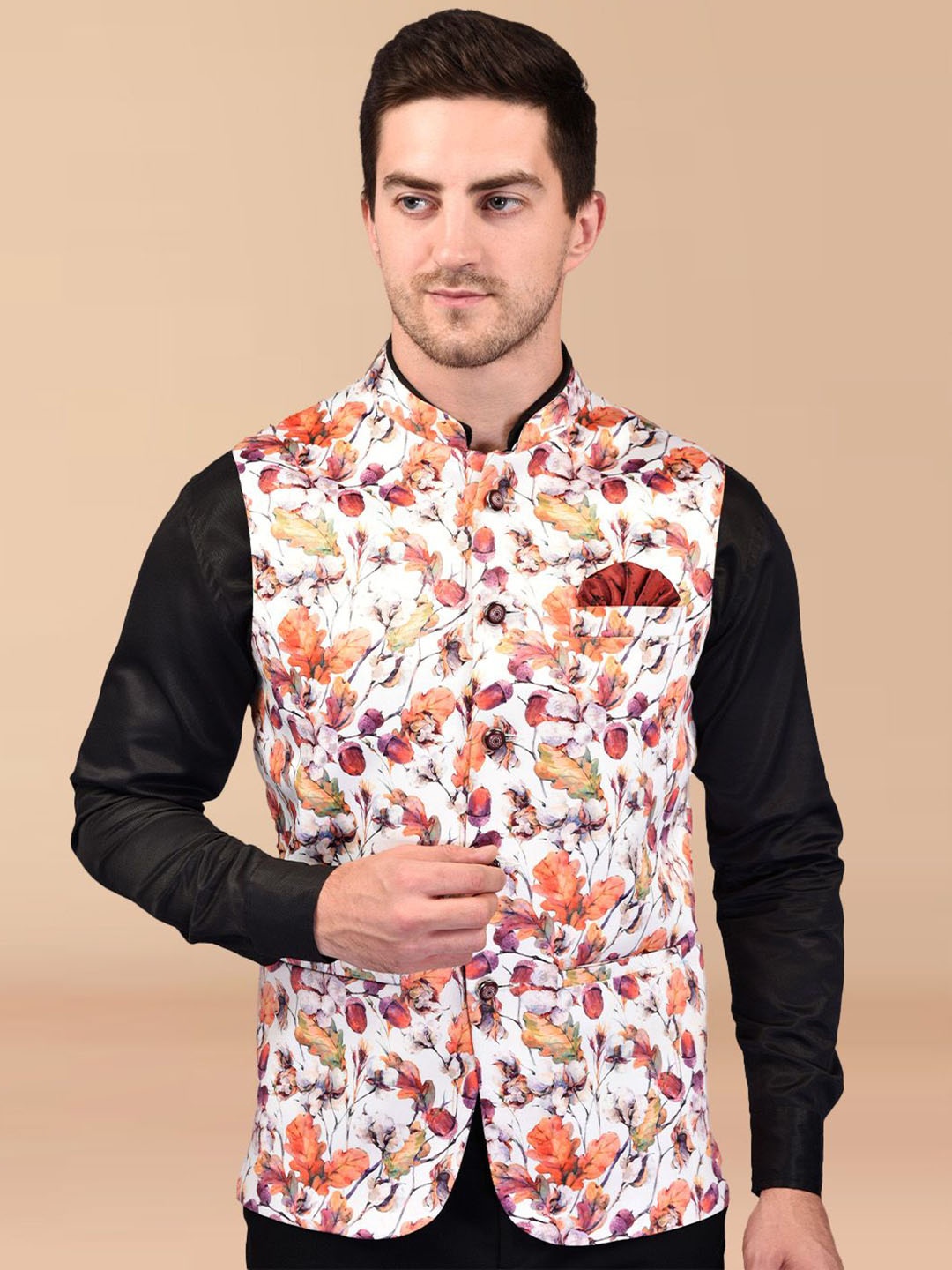 

PRINTINDIA Men Printed Mandarin Collar Nehru Jacket, White