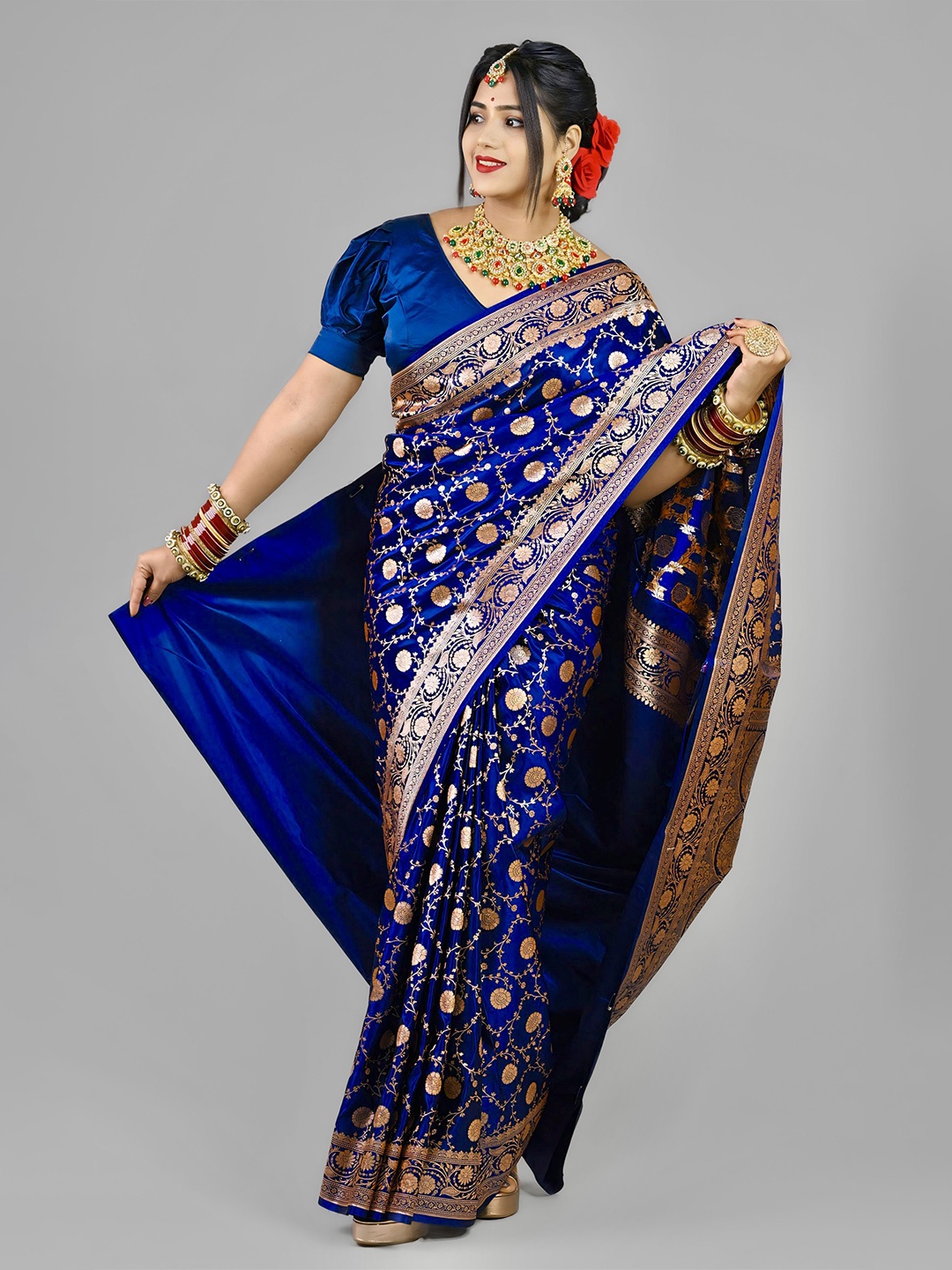 

Shopeezy Tex Fab Ethnic Motifs Woven Design Zari Banarasi Saree, Navy blue