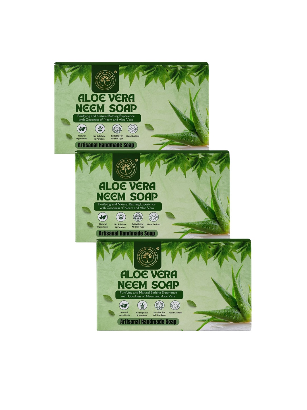 

Puro Miles Set Of 3 Aloe Vera Neem Soap - 100 g Each, Green