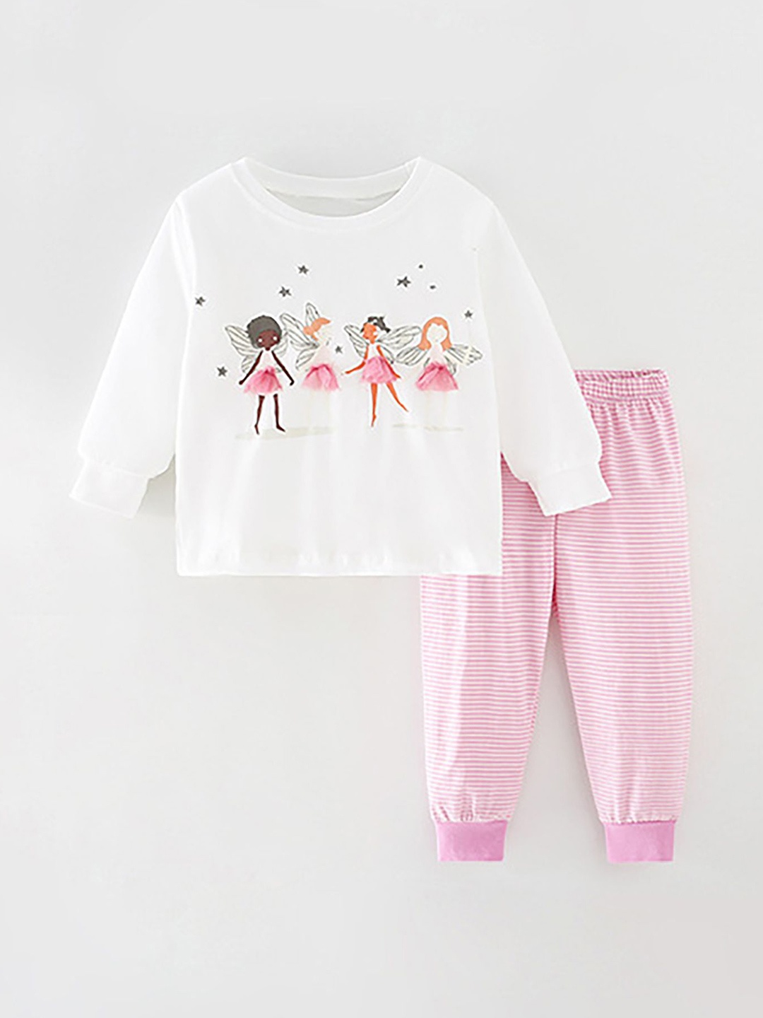 

LULU & SKY Girls Printed Pure Cotton T-Shirt & Joggers Night Suit, Pink