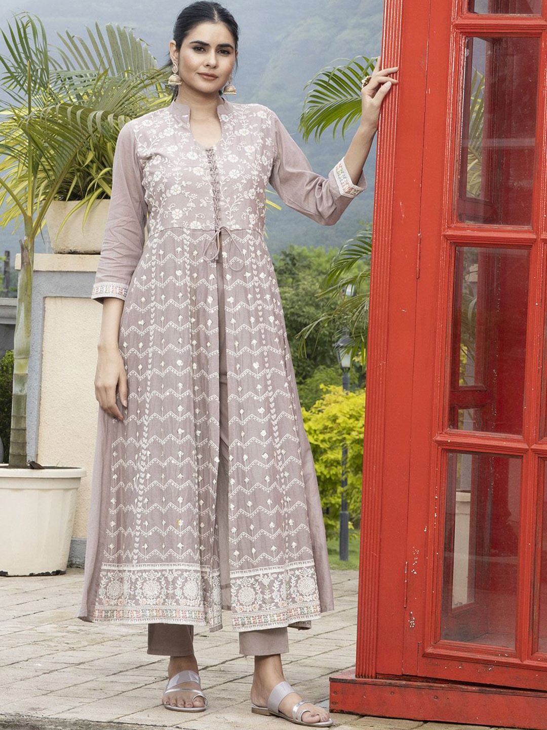 

Krimmple Floral Embroidered Regular Thread Work Pure Cotton Anarkali Kurta with Trousers, Beige
