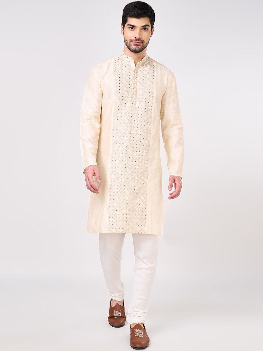 

indus route by Pantaloons Geometric Embroidered Mandarin Collar Thread Work Straight Kurta, Beige