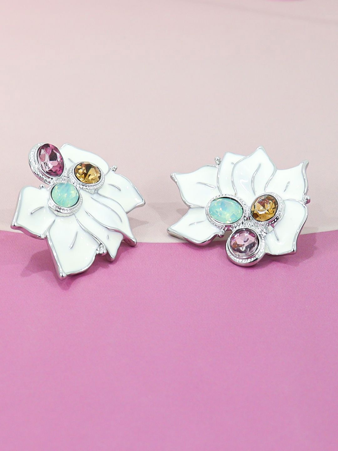

KRENOZ Silver Plated Rhinestone Studded Floral Studs Earrings, White