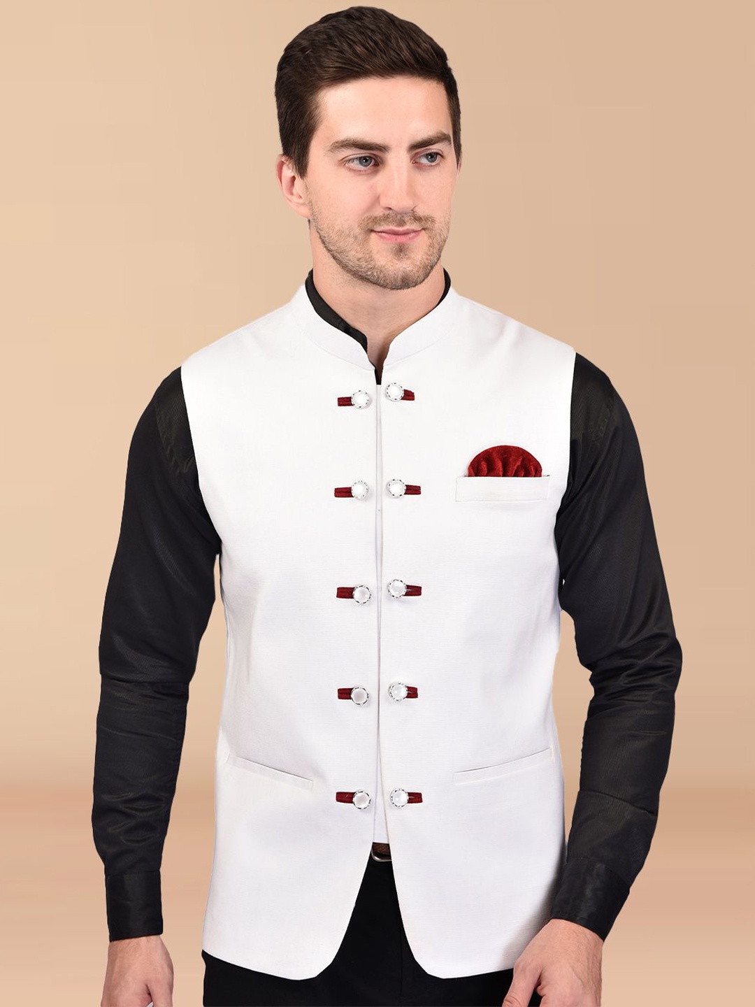 

PRINTINDIA Men Sleeveless Mandarin Neck Nehru Jacket, White