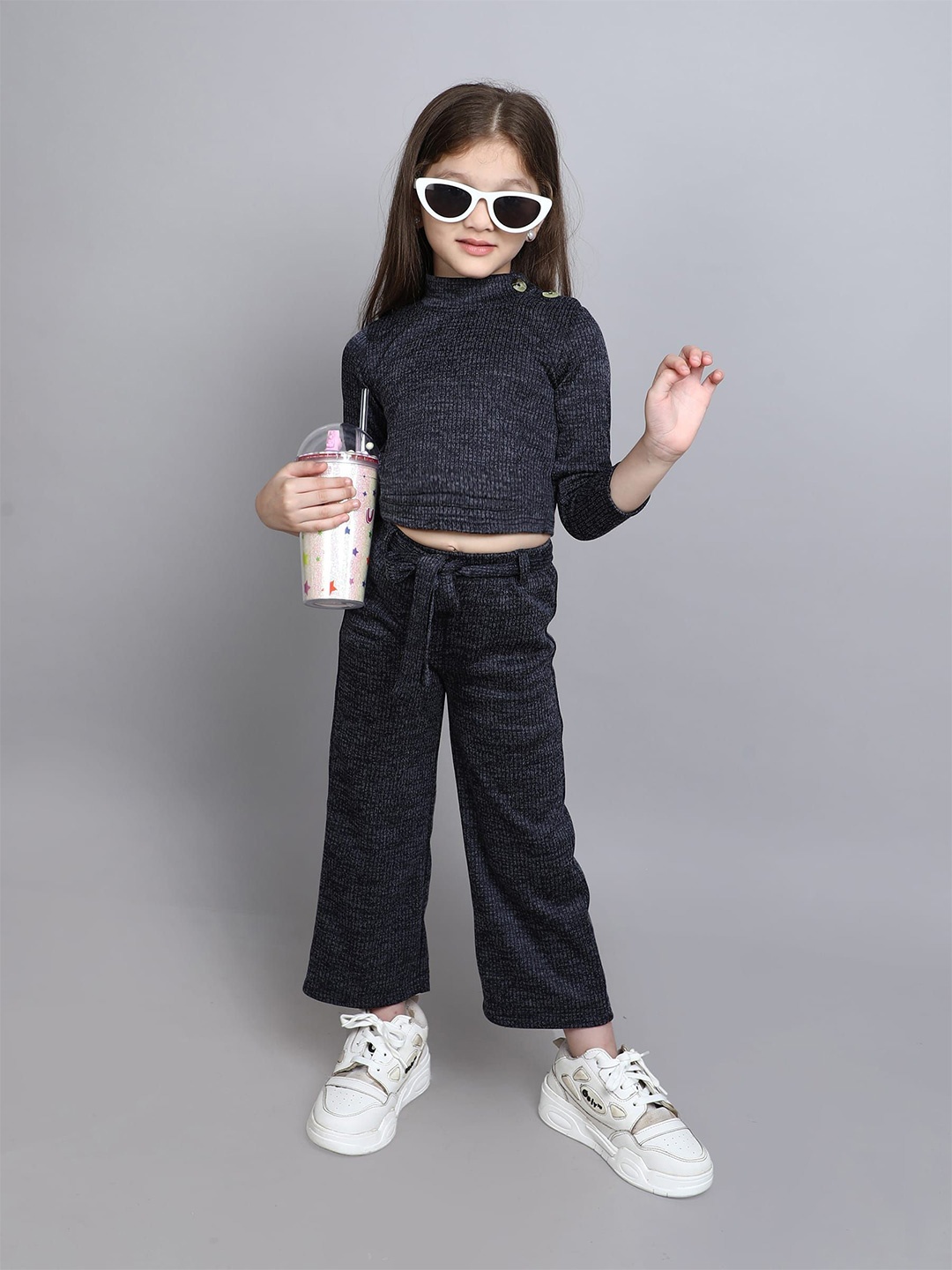 

taffykids Girls Turtle Neck Long Sleeves Sweatshirt With Trousers, Charcoal