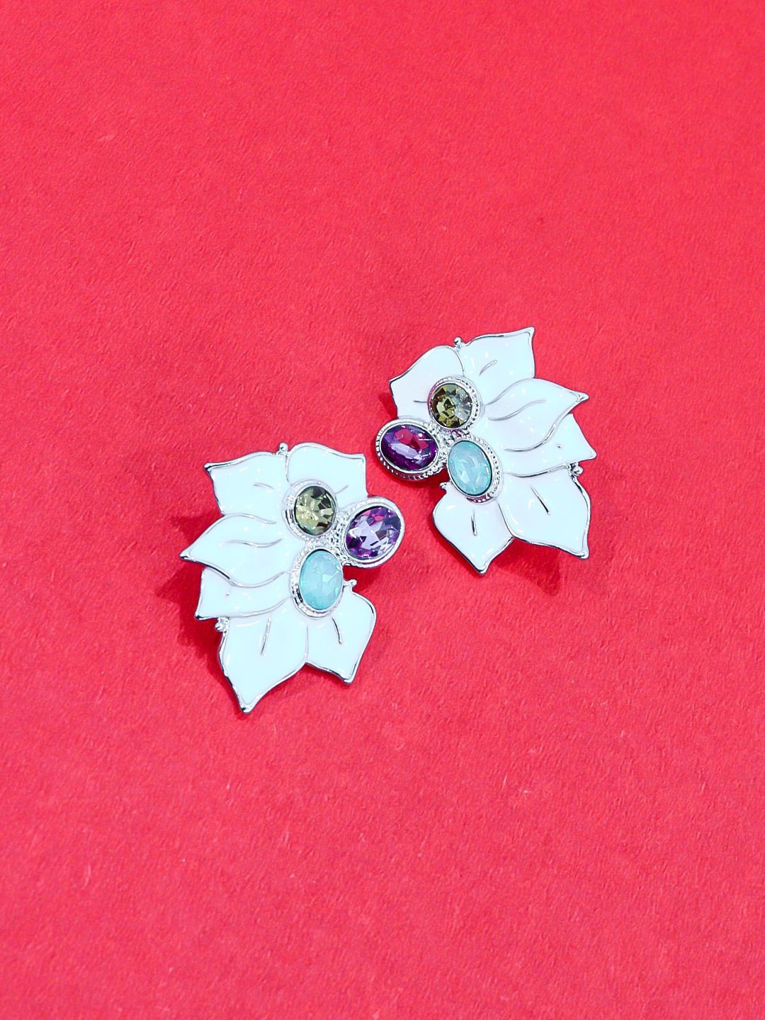 

Krelin Silver Plated Rhinestone Studded Floral Studs Earrings, White