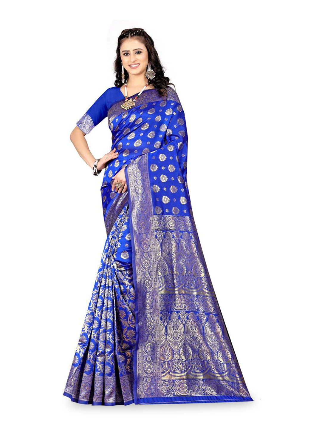 

KALINI Woven Design Zari Silk Blend Designer Kanjeevaram Saree, Blue