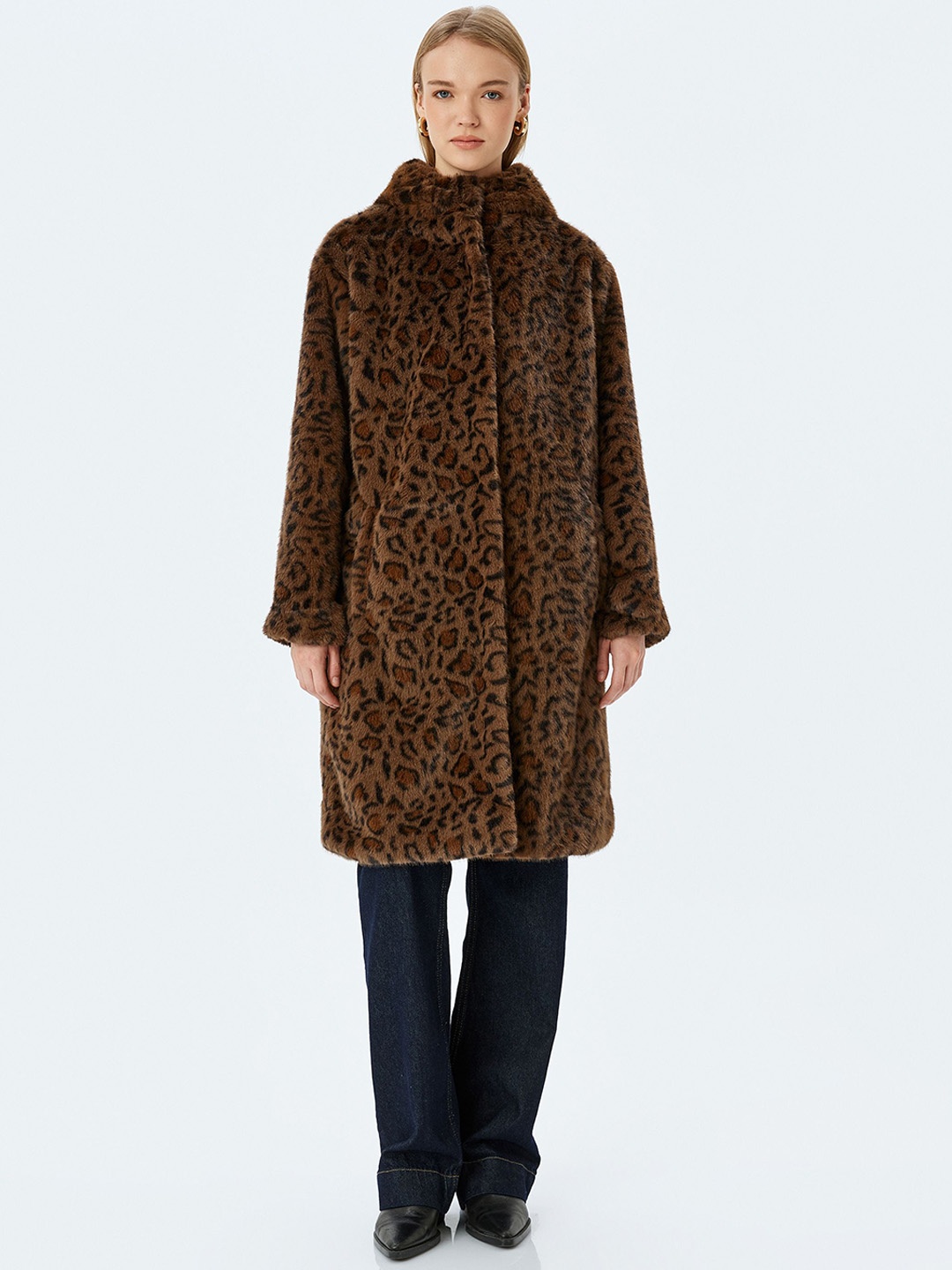 

Koton Printed Faux Fur Knee-Length Overcoat, Brown