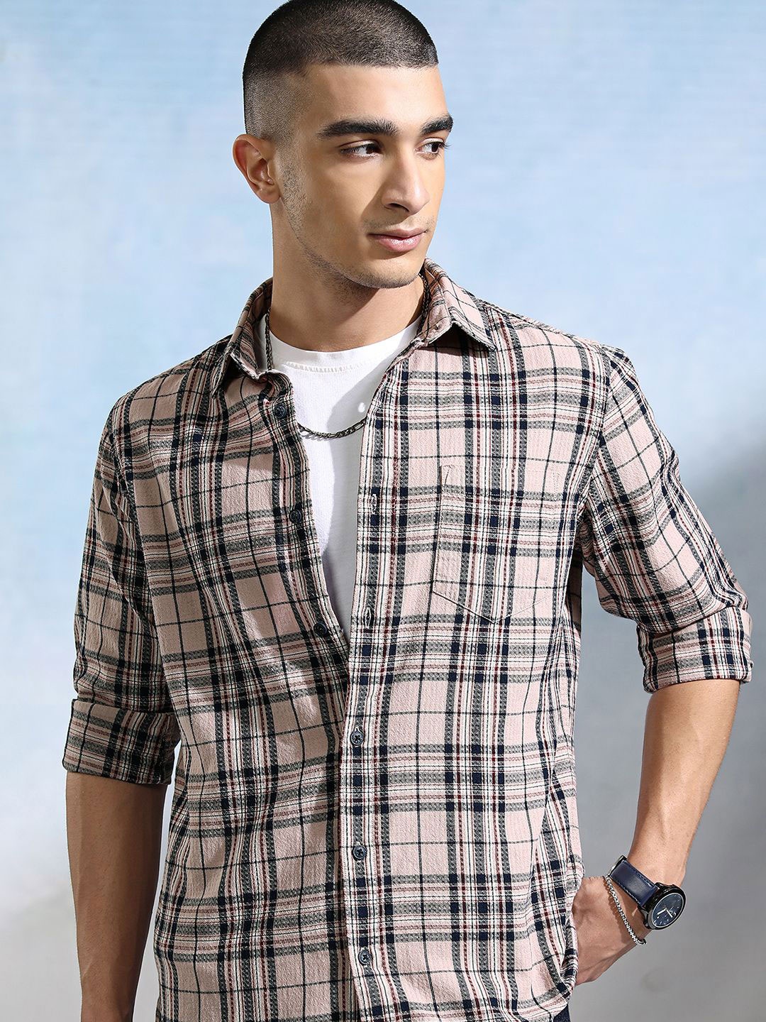 

HIGHLANDER Men Slim Fit Opaque Checked Casual Shirt, Peach