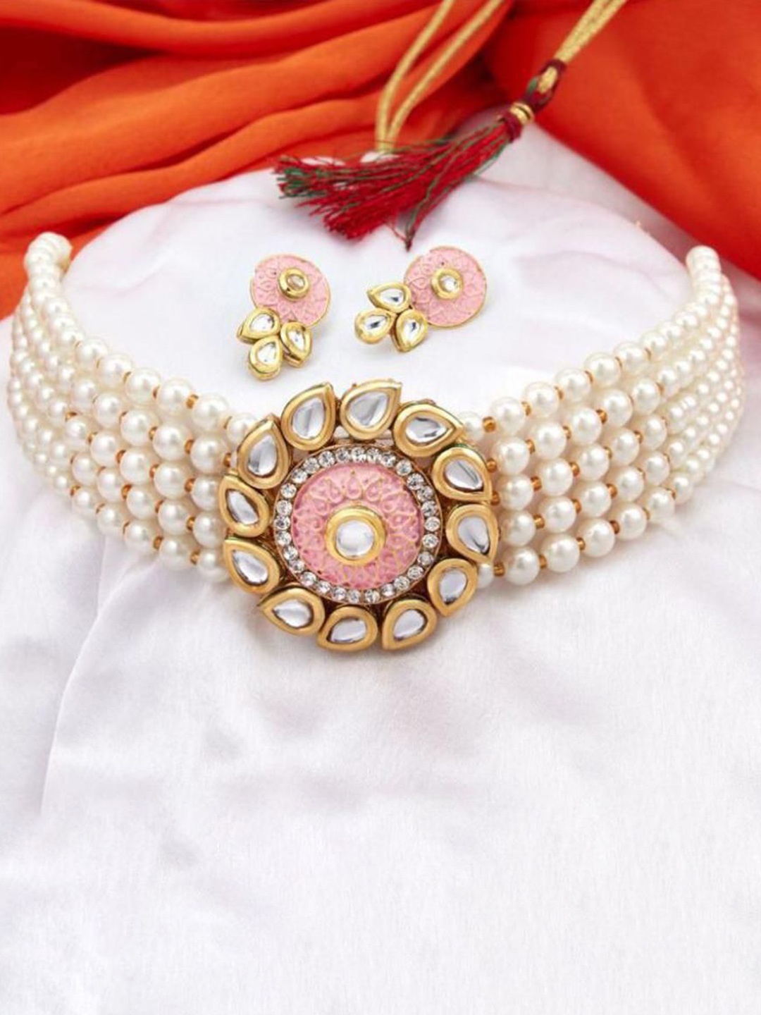 

RHOSYN Gold-Plated Artificial Stone-Studded & Beaded Jewellery Set