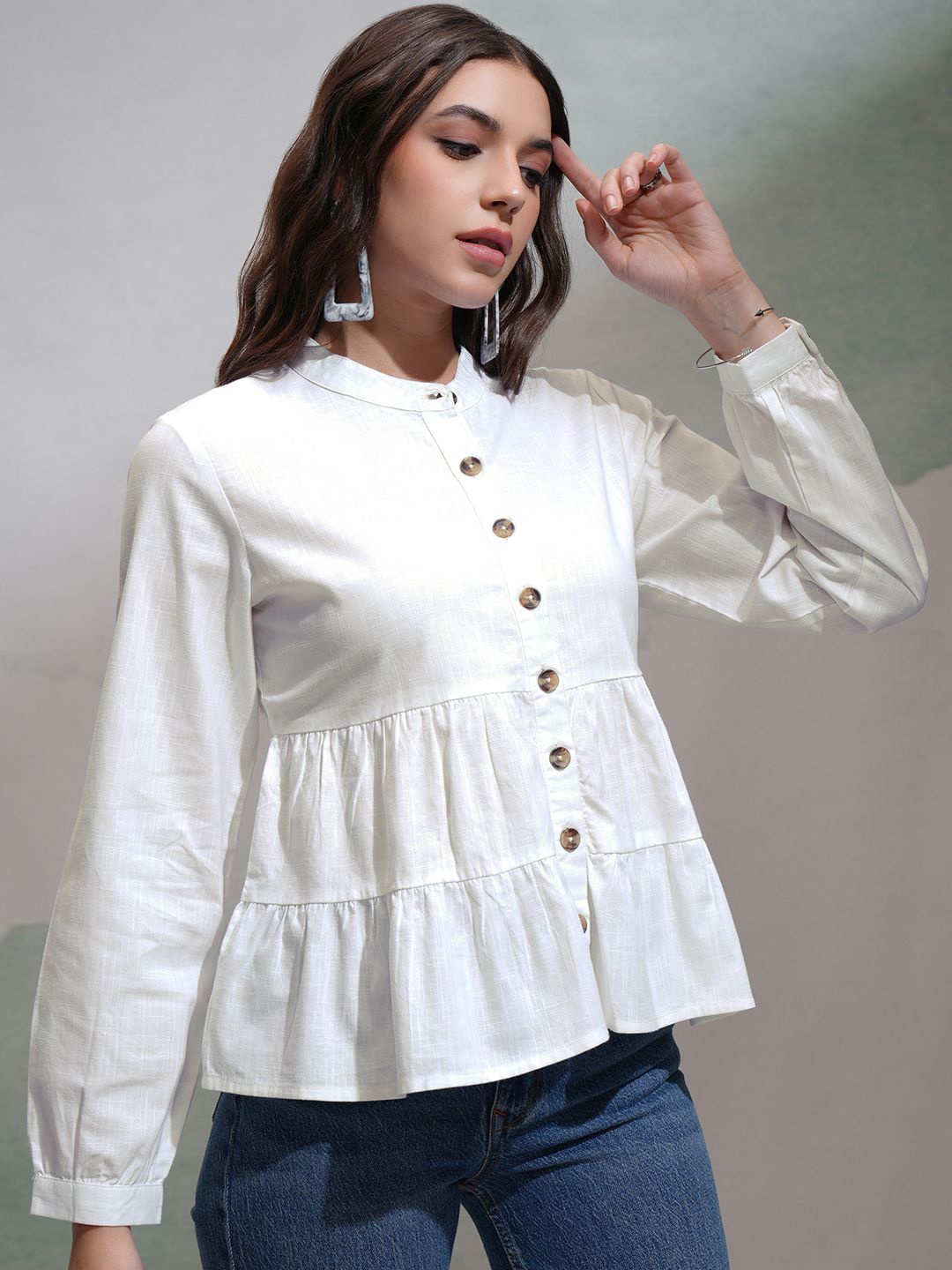 

Tokyo Talkies Mandarin Collar Cotton Top, White