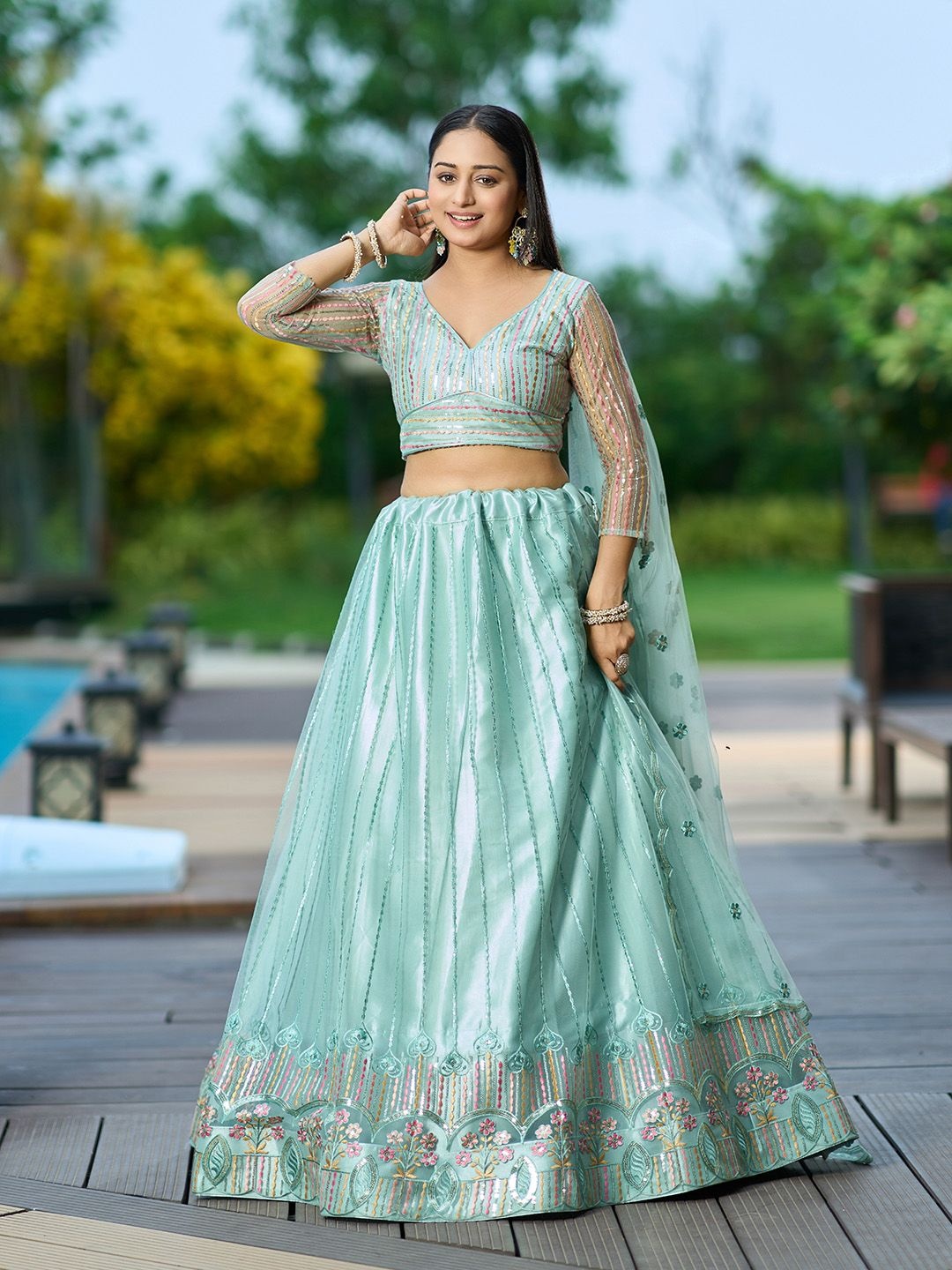 

KALINI Embroidered Thread Work Semi-Stitched Lehenga & Unstitched Blouse With Dupatta, Green