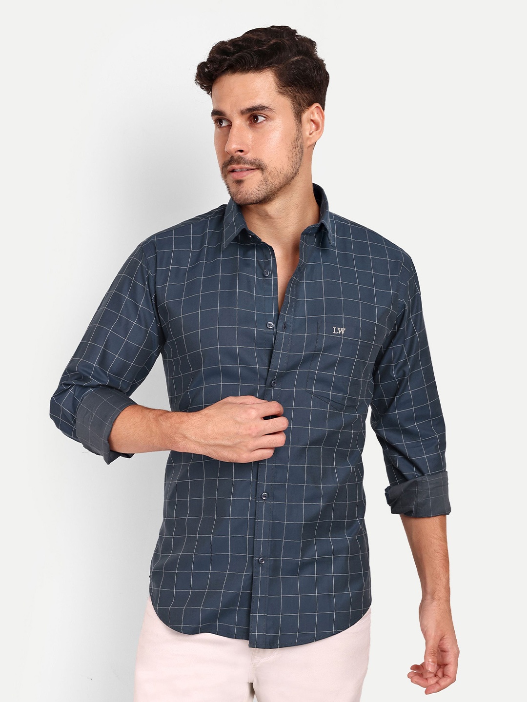 

Lewogle Men Opaque Checked Casual Shirt, Blue