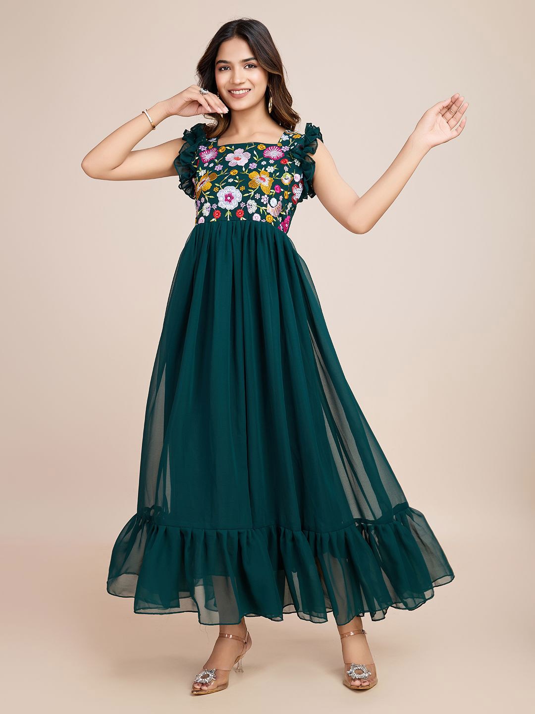 

AKSHARAM Floral Embroidered Georgette Fit & Flare Maxi Dress, Green