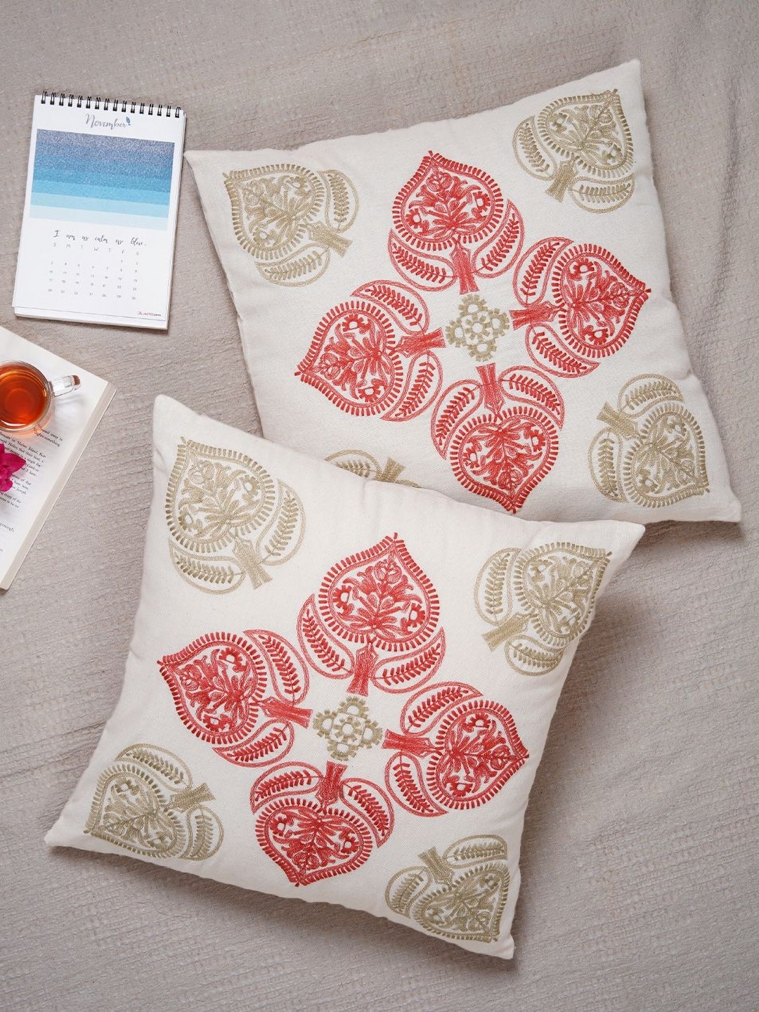 

Ratan Cart Red & Beige 2 Pieces Ethnic Motifs Pure Cotton Square Cushion Covers