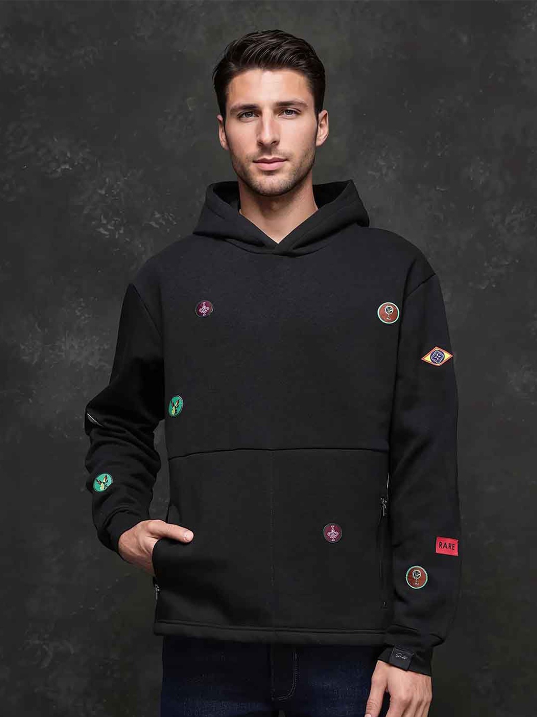 

RARE RABBIT Men Hooded Sweatshirt, Black