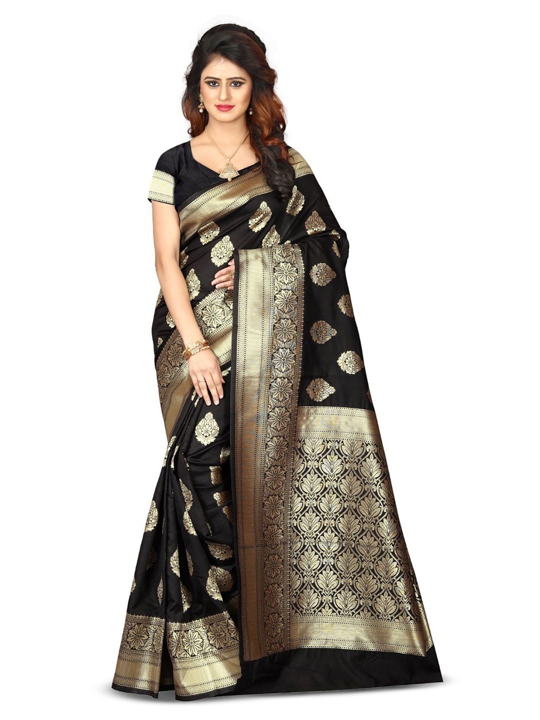 

KALINI Woven Design Zari Silk Blend Kanjeevaram Saree, Black