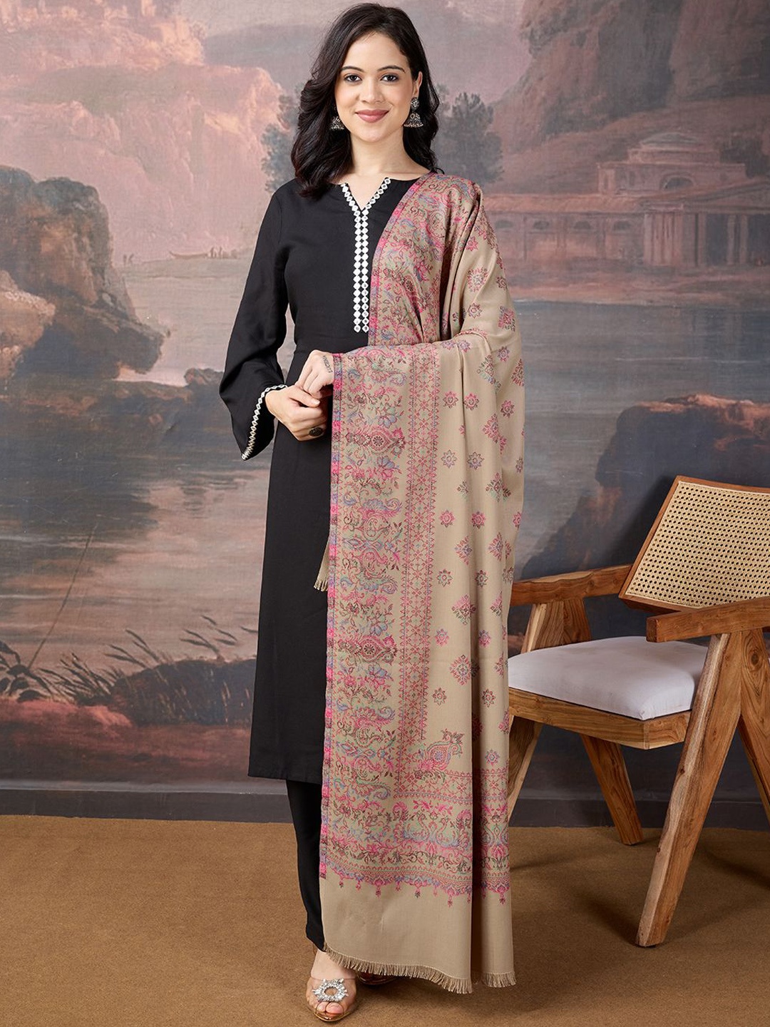 

House of Pataudi Women Ethnic Motifs Woven Design Shawl, Beige