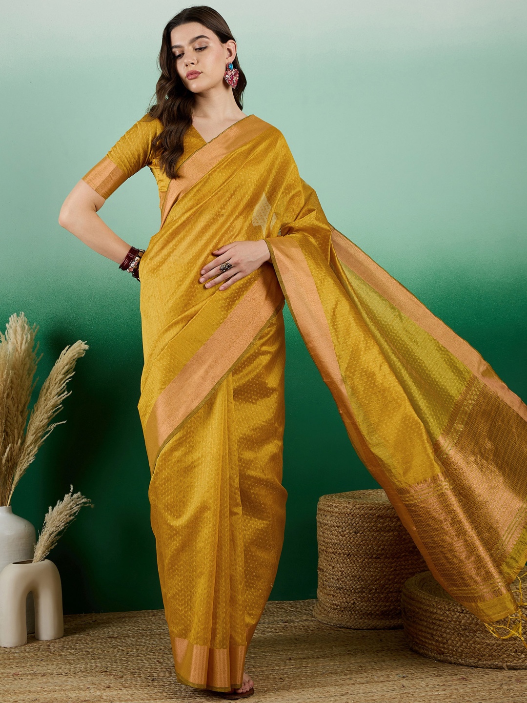 

A.V.M Prints Woven Design Saree With Blouse Piece, Mustard