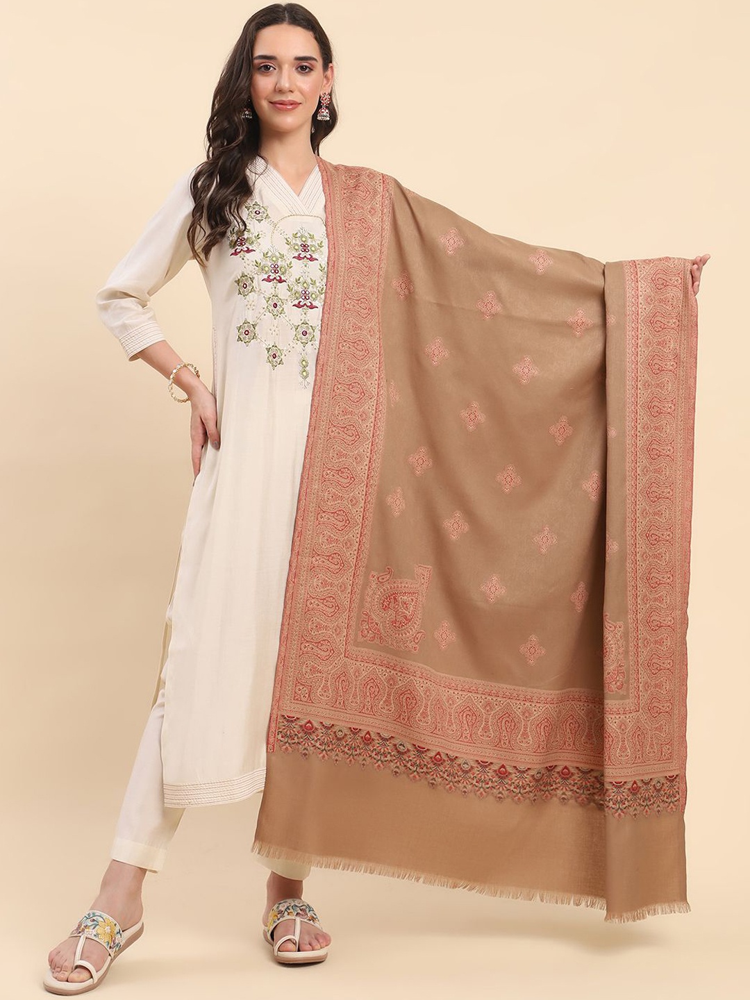 

La Vastraa Women Ethnic Motifs Woven Design Shawl, Beige