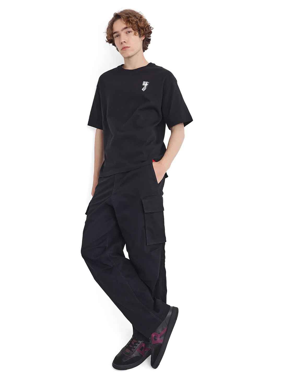 

RARE RABBIT Men Printed Extended Sleeves Pockets T-shirt, Black