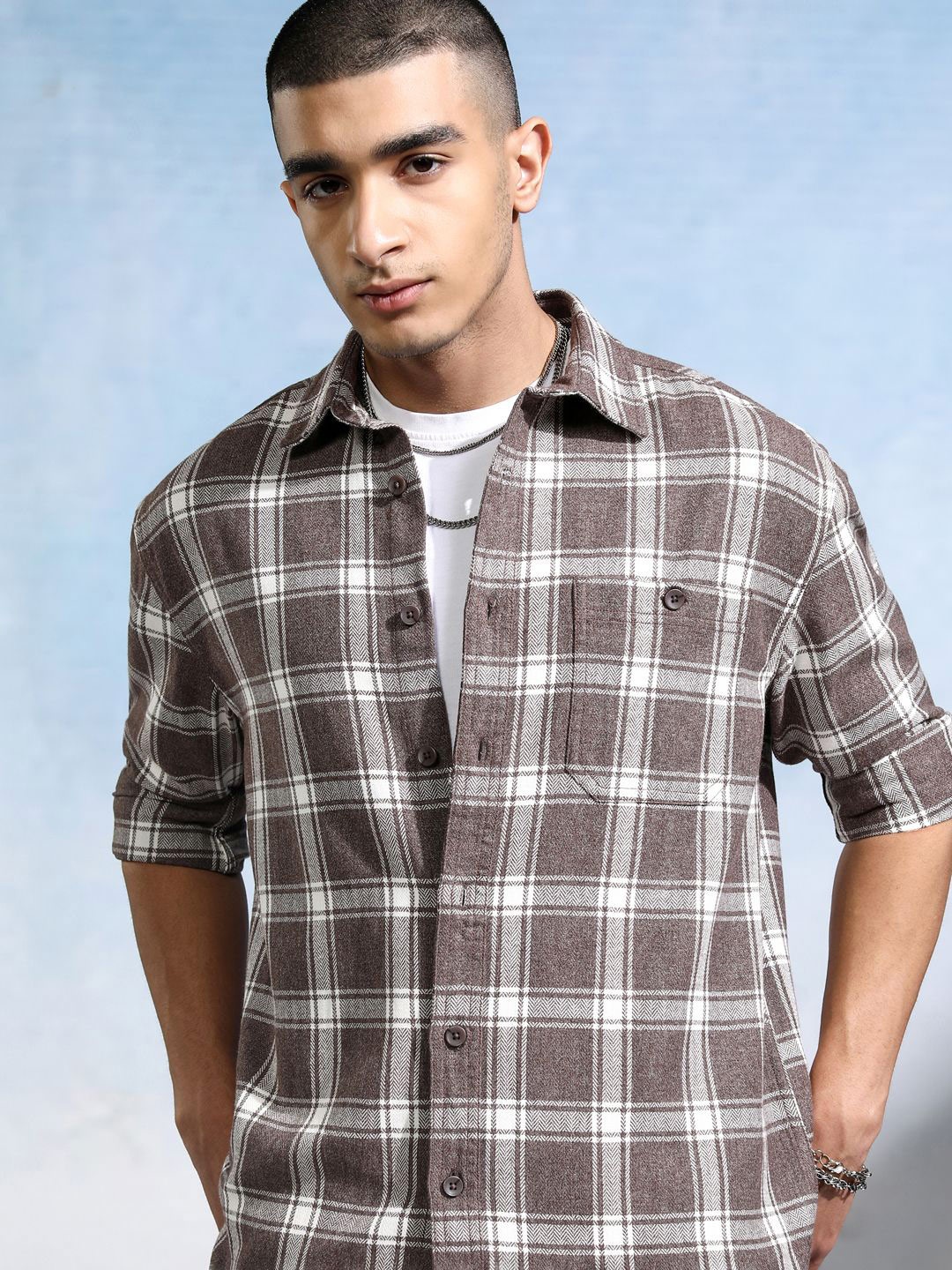 

HIGHLANDER Men Herringbone Melange Textured Checked Relaxed Overshirt, Brown