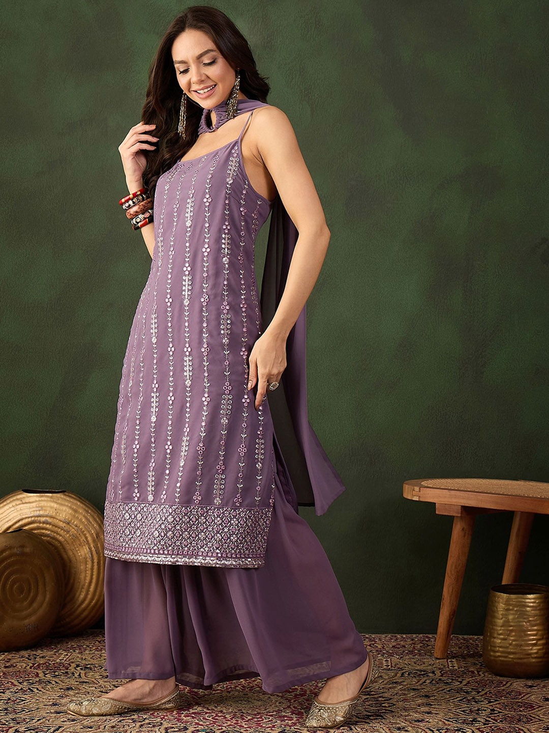 

Sangria Embroidered Kurta, Palazzo With Dupatta, Lavender