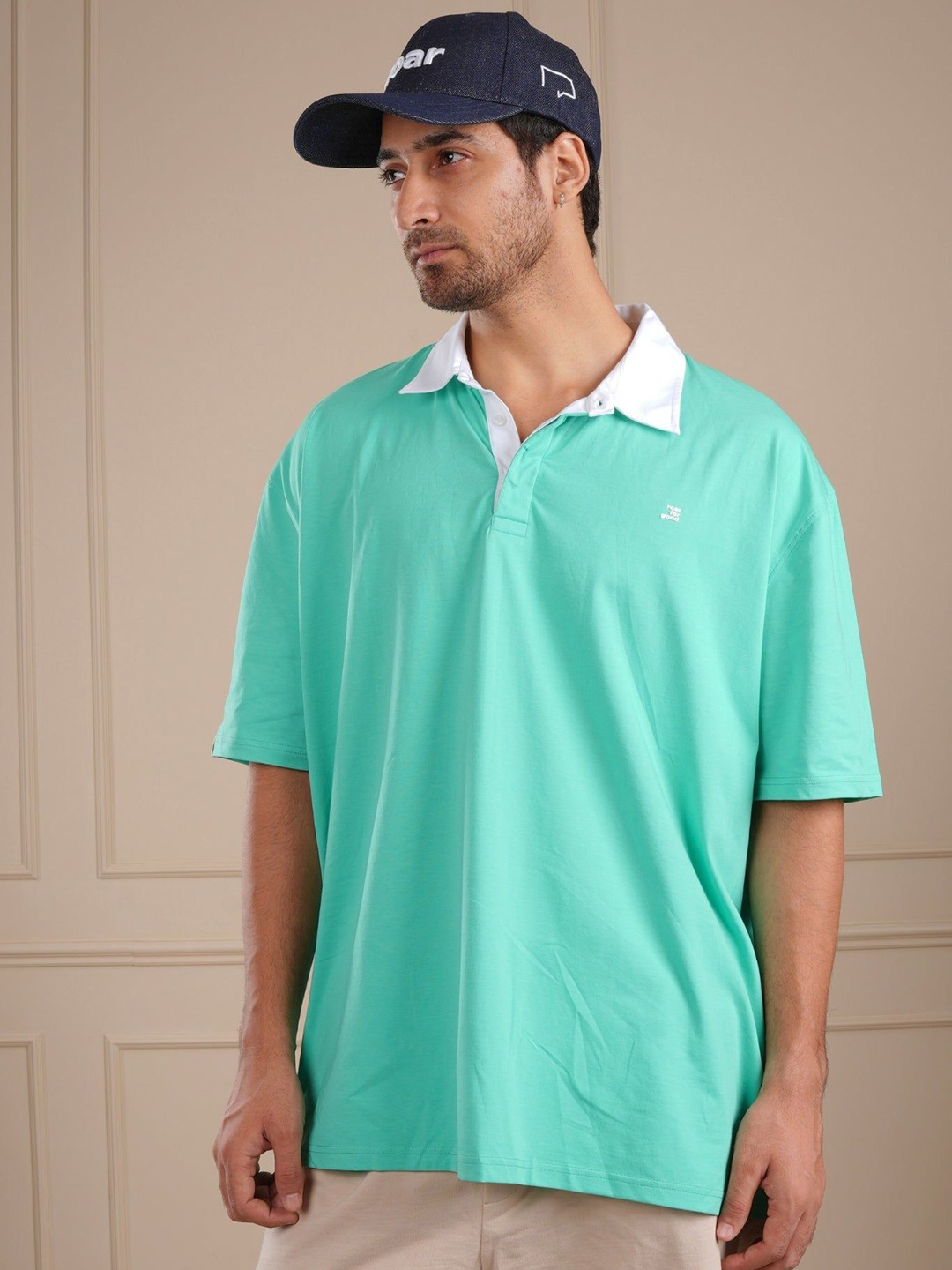 

ROAR FOR GOOD Men Polo Collar Drop-Shoulder Sleeves Organic Cotton T-shirt, Green