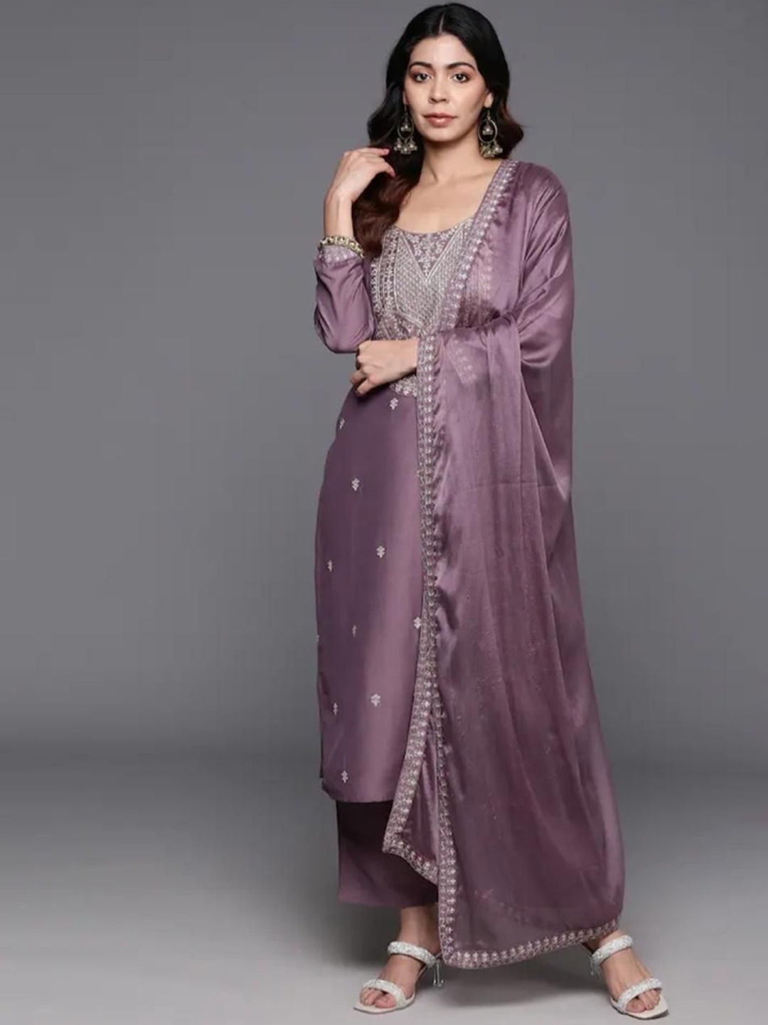 

S.K.C Floral Printed Sequinned Chanderi Silk Straight Kurta With Trousers & Dupatta, Violet