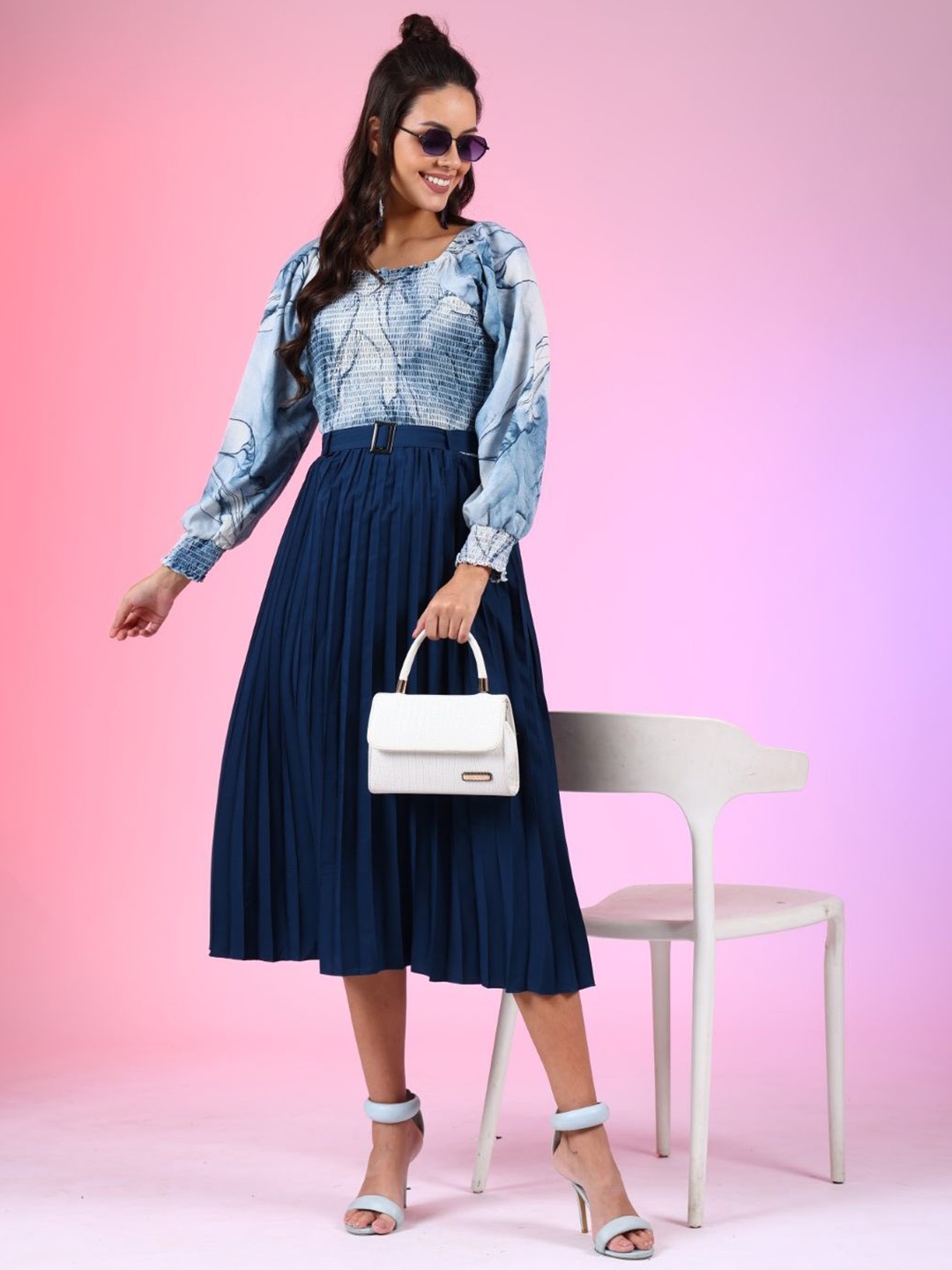 

Femvy Print Crepe Fit & Flare Dress, Blue