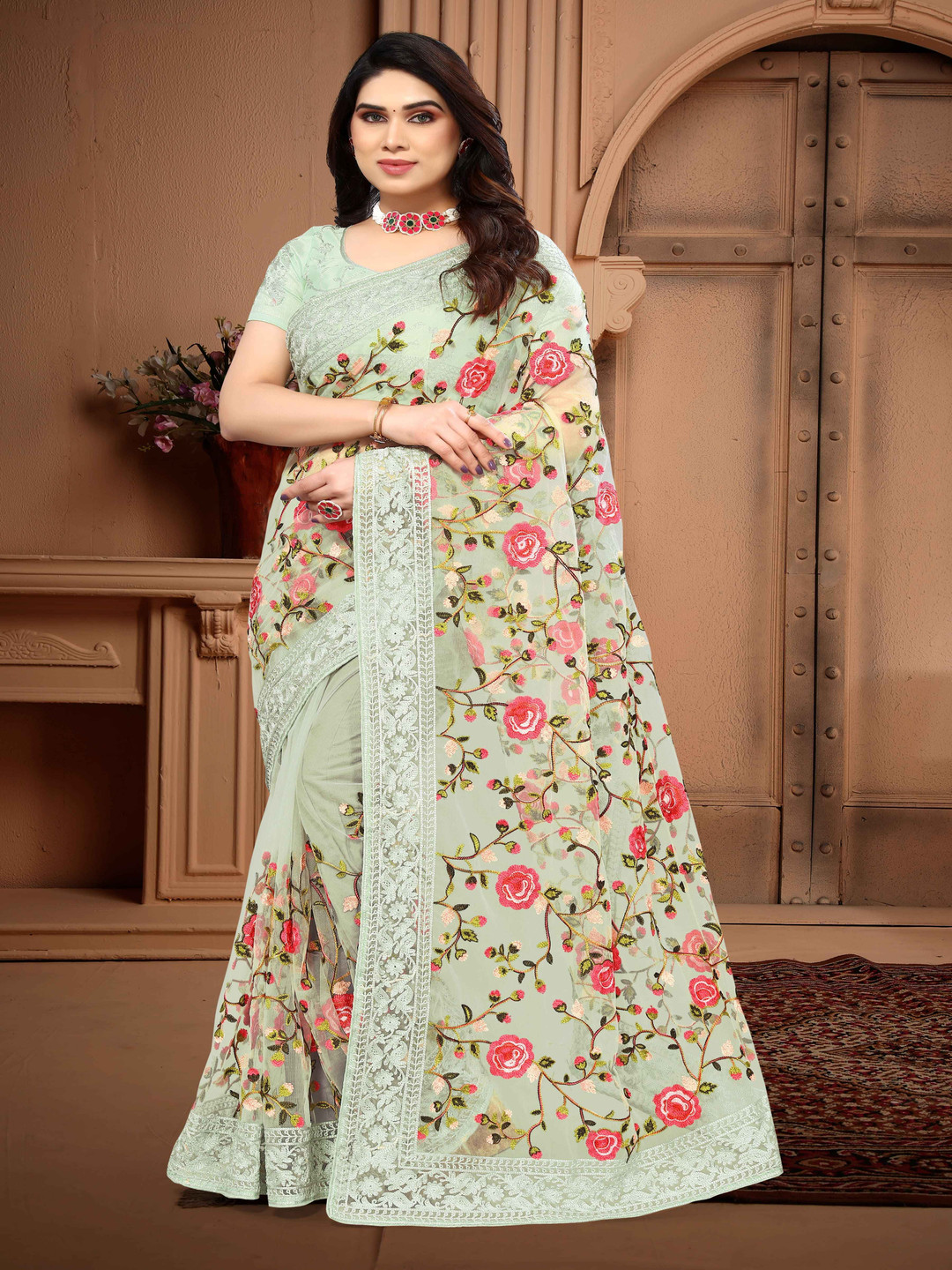 

A.V.M Prints Embroidered Maheshwari Saree, Green