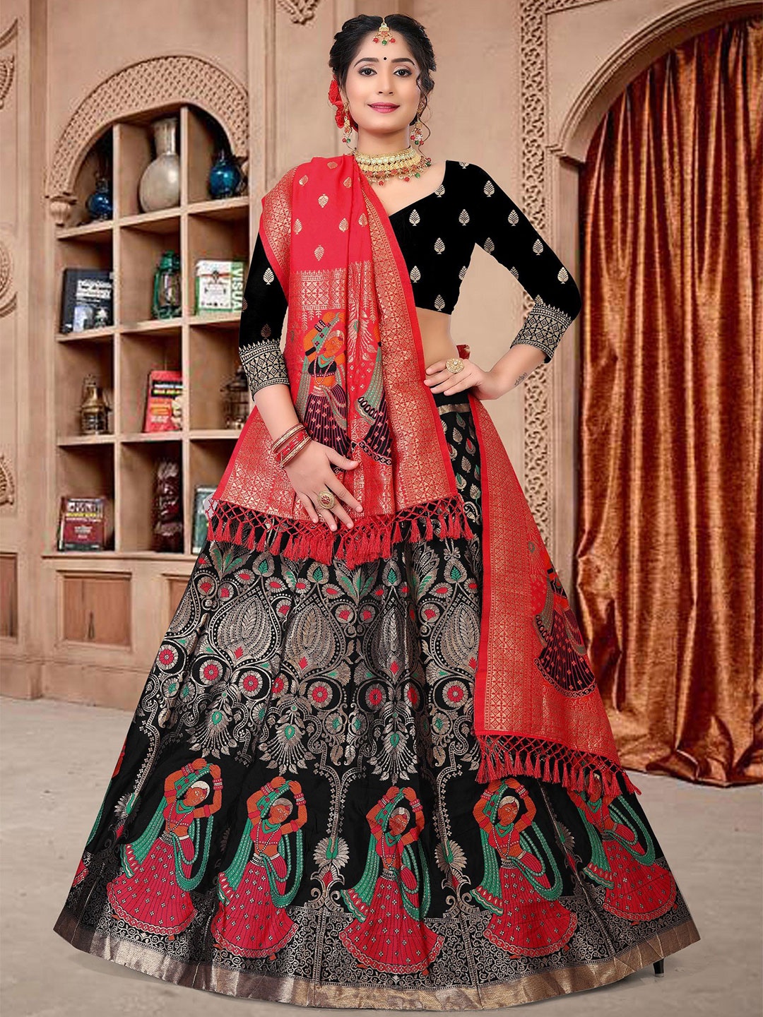 

KALINI Embroidered Thread Work Kalamkari Semi-Stitched Lehenga & Unstitched Blouse With Dupatta, Black