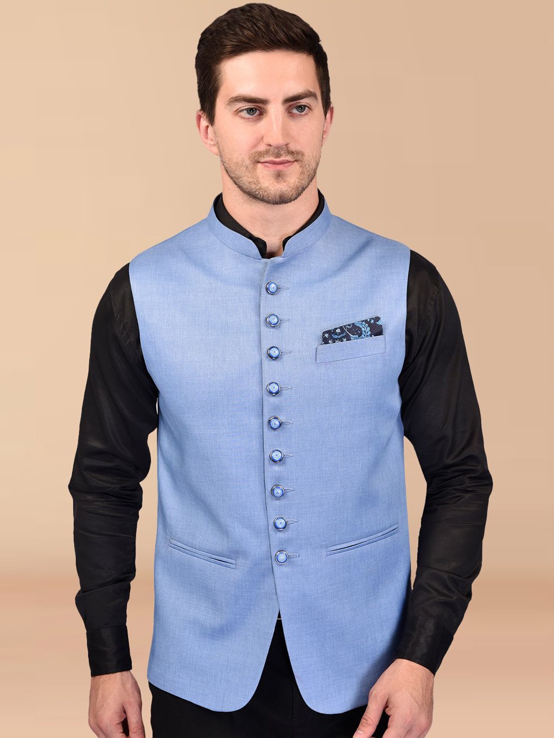 

PRINTINDIA Men Mandarin Collar Nehru Jacket, Blue