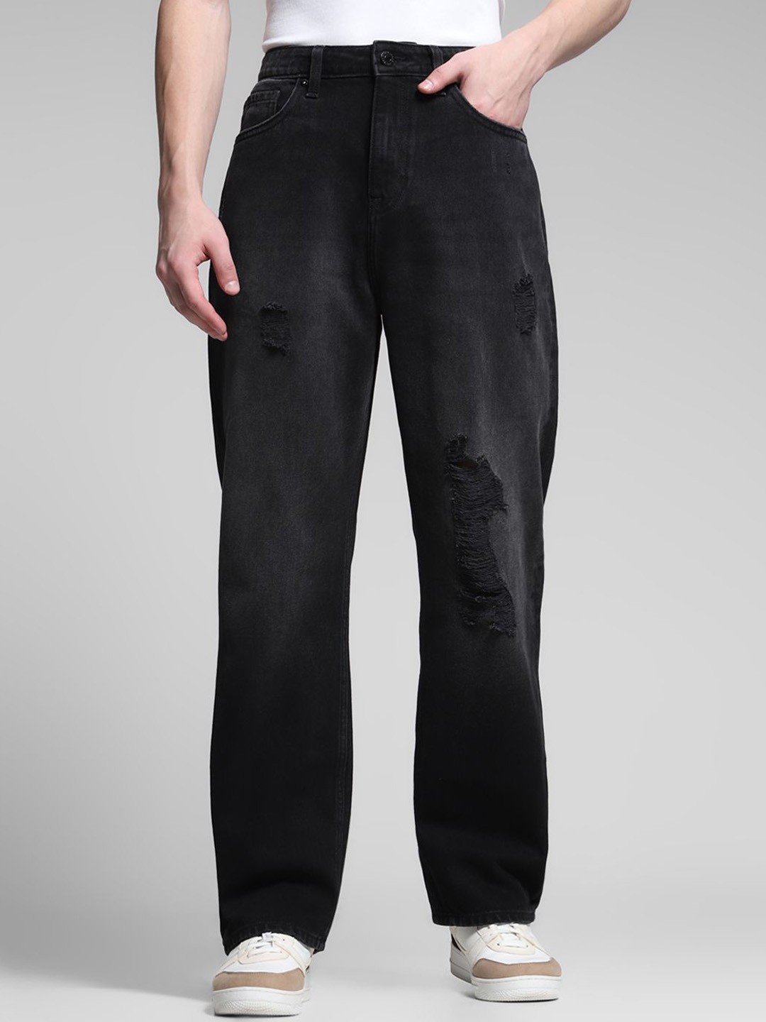 

Jack & Jones Men Wide Leg High-Rise Highly Distressed Light Fade Jeans, Black