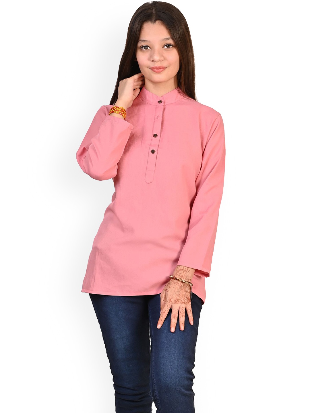 

BAESD Girls Mandarin Collar Crepe Straight Kurta, Pink