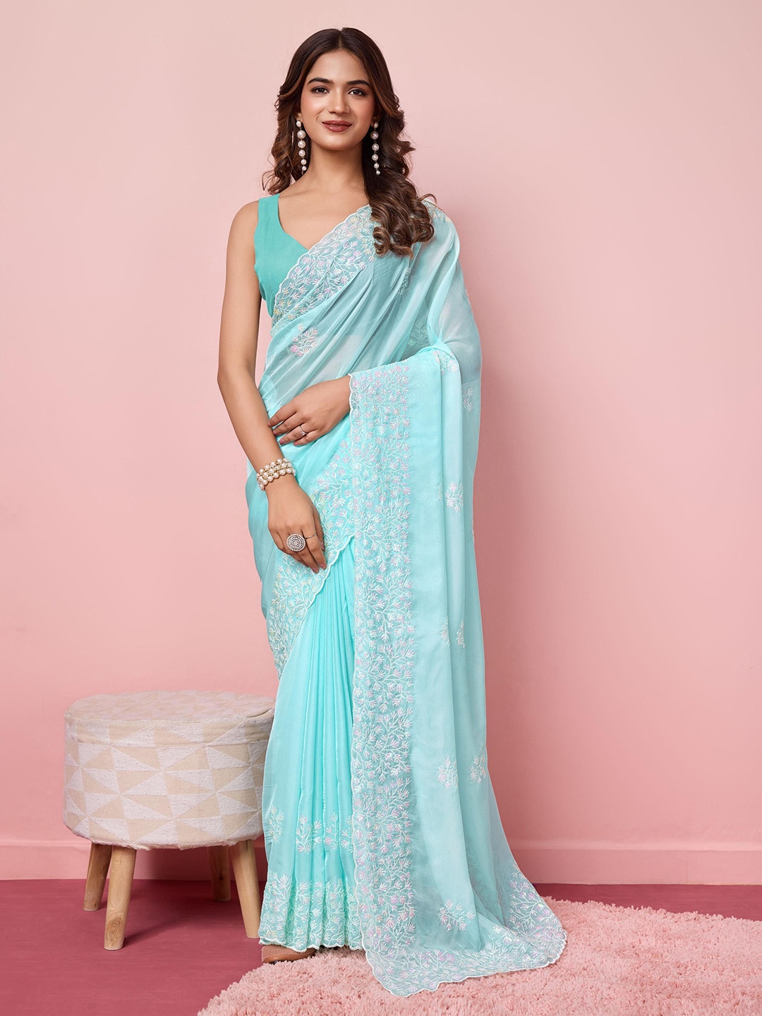 

HERE&NOW Ethnic Motifs Sequinned Organza Saree, Turquoise blue