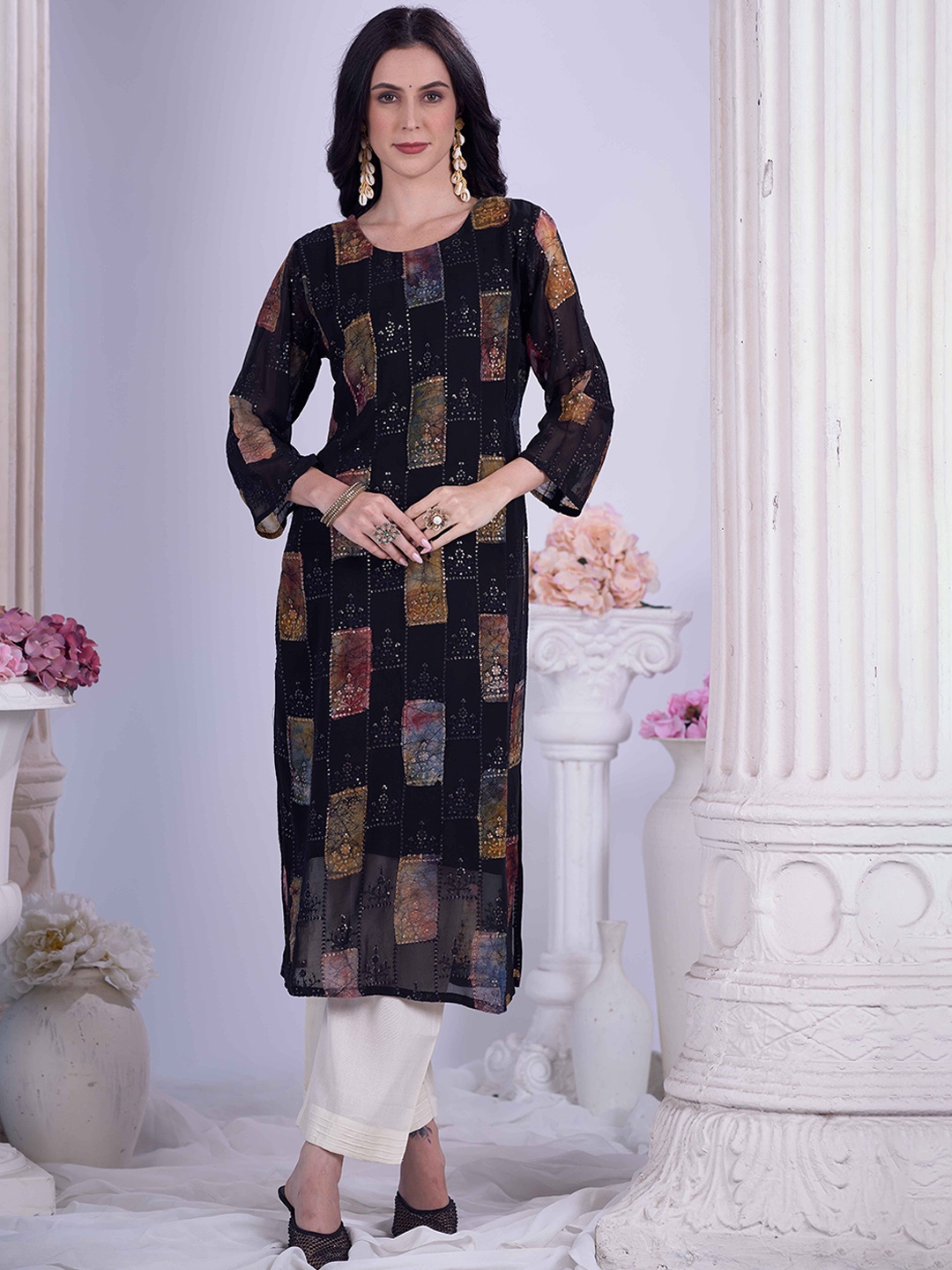 

Anouk Women Ethnic Motifs Printed Sequinned Georgette Kurta, Black