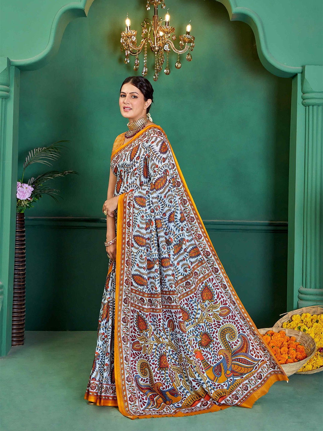 

HERE&NOW Kalamkari Pure Cotton Bagru Saree, White