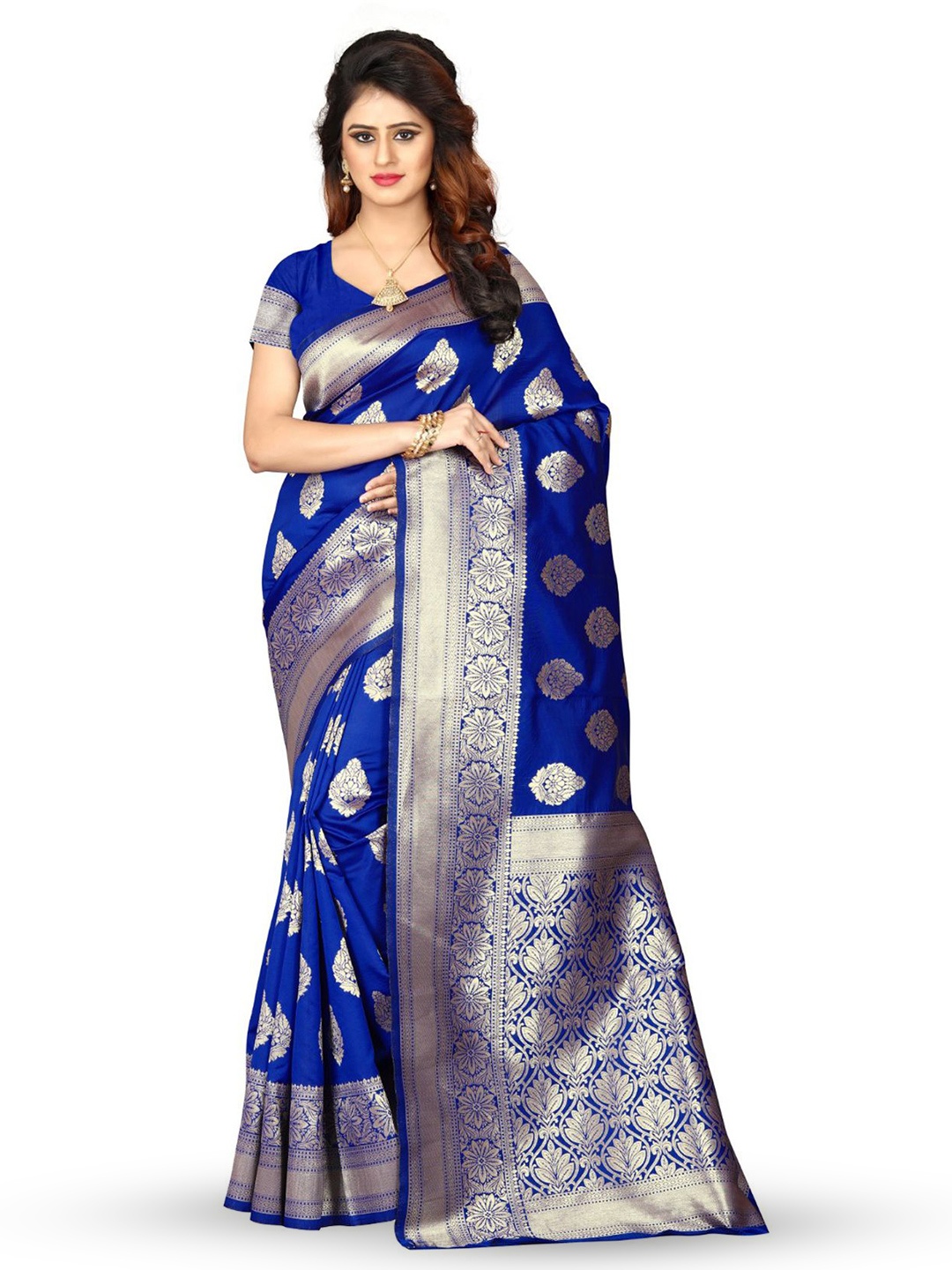 

KALINI Woven Design Zari Silk Blend Kanjeevaram Saree, Blue