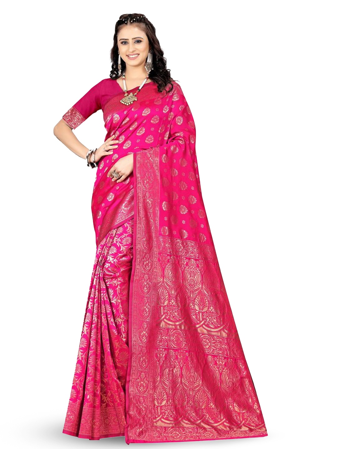 

KALINI Woven Design Zari Silk Blend Kanjeevaram Saree, Pink