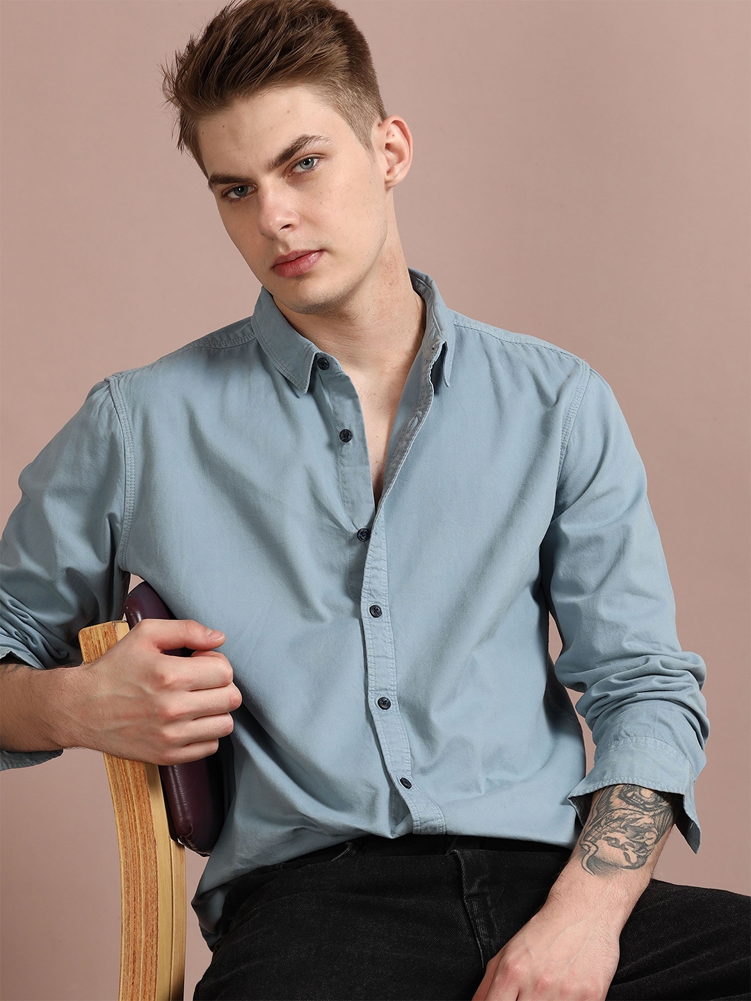 

StitchX Men Full Sleeve Core Essentials Over-Dyed Cotton Spread Collar Shirt, Blue